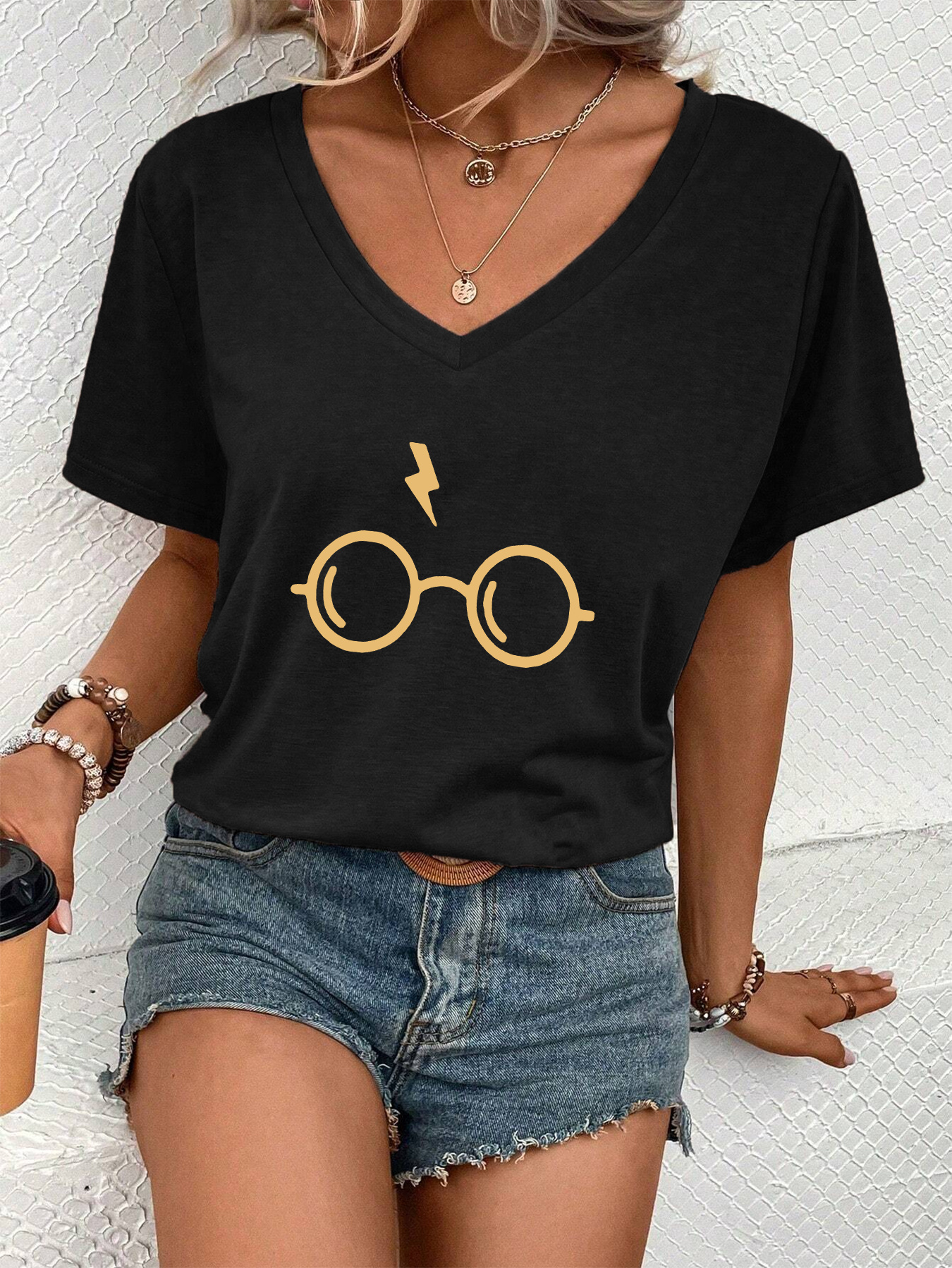 glasses print casual t shirt short sleeves v neck stretchy fashion sports tee womens tops details 0