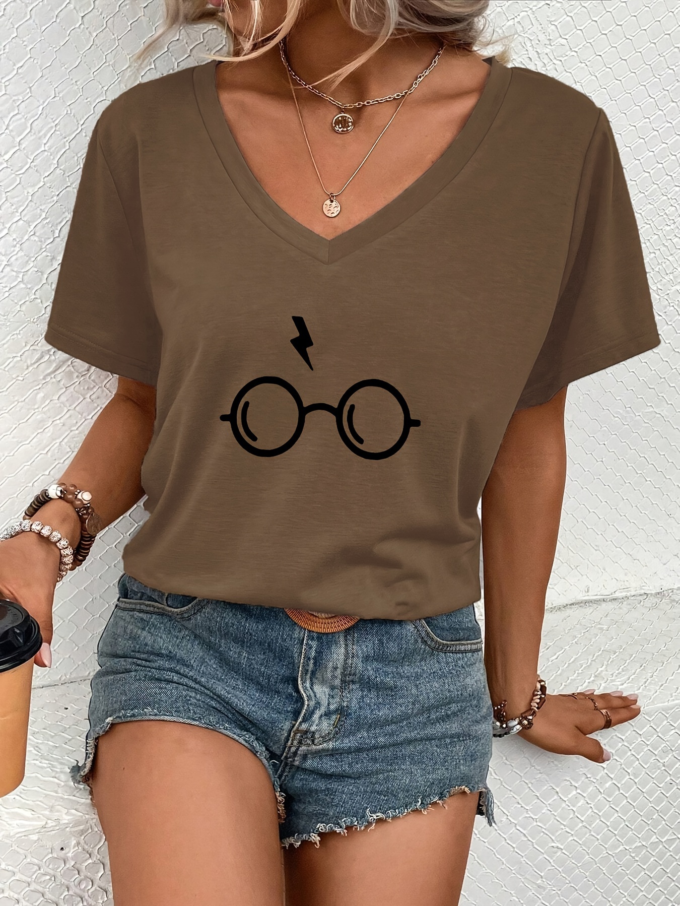 glasses print casual t shirt short sleeves v neck stretchy fashion sports tee womens tops details 5