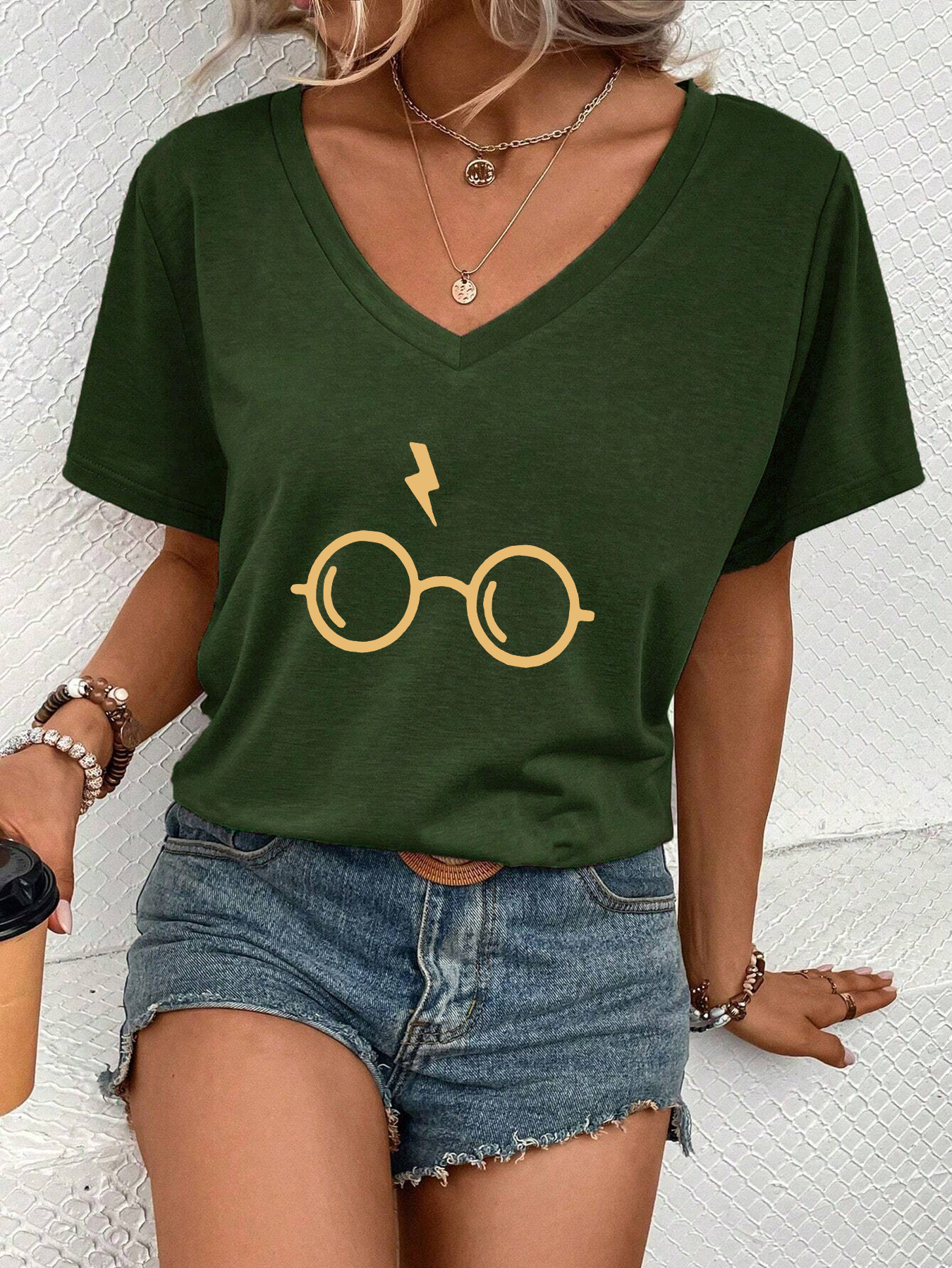 glasses print casual t shirt short sleeves v neck stretchy fashion sports tee womens tops details 10