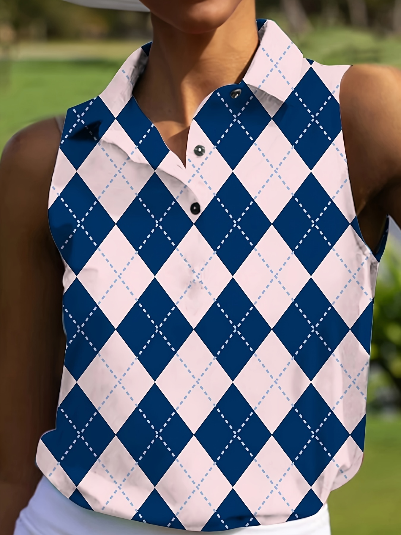 argyle print sleeveless polo shirt fashion up sports lapel vesttop for running tennis golf womens activewear details 0