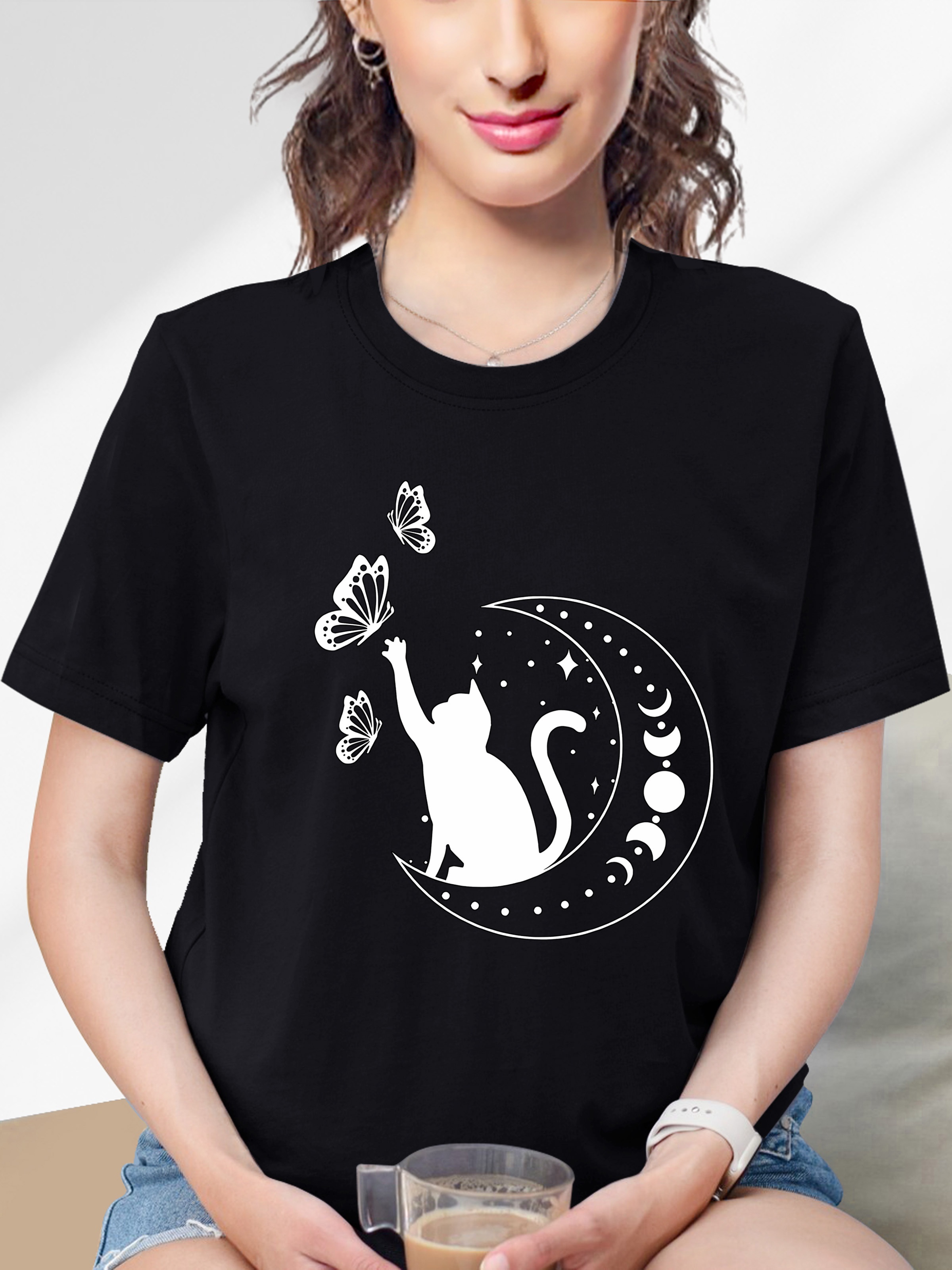 cat butterfly moon graphic causal sports t shirt short sleeves round neck workout tops womens activewear details 0