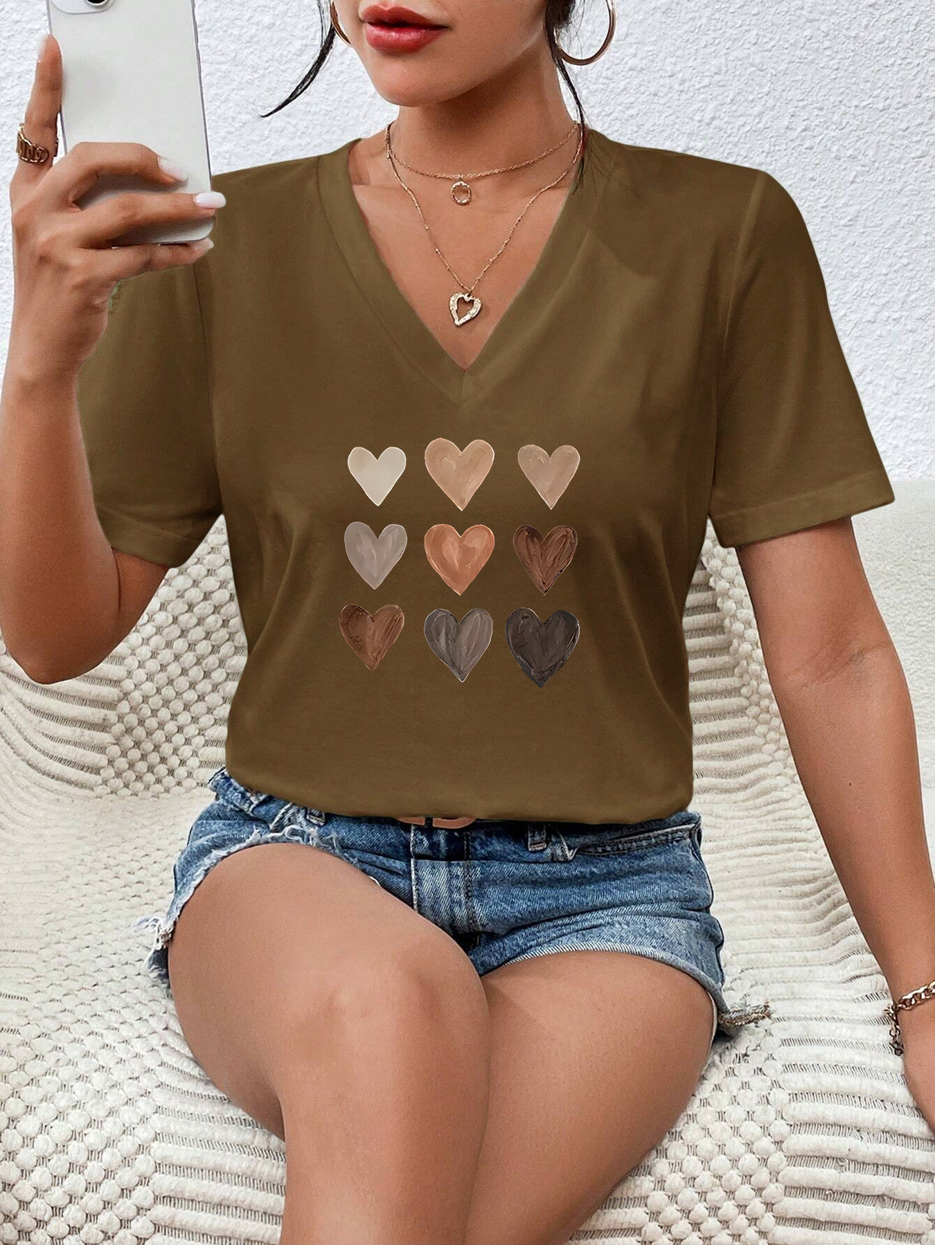 heart print casual t shirt v neck short sleeves stretchy versatile sports tee valentines day womens tops details 0