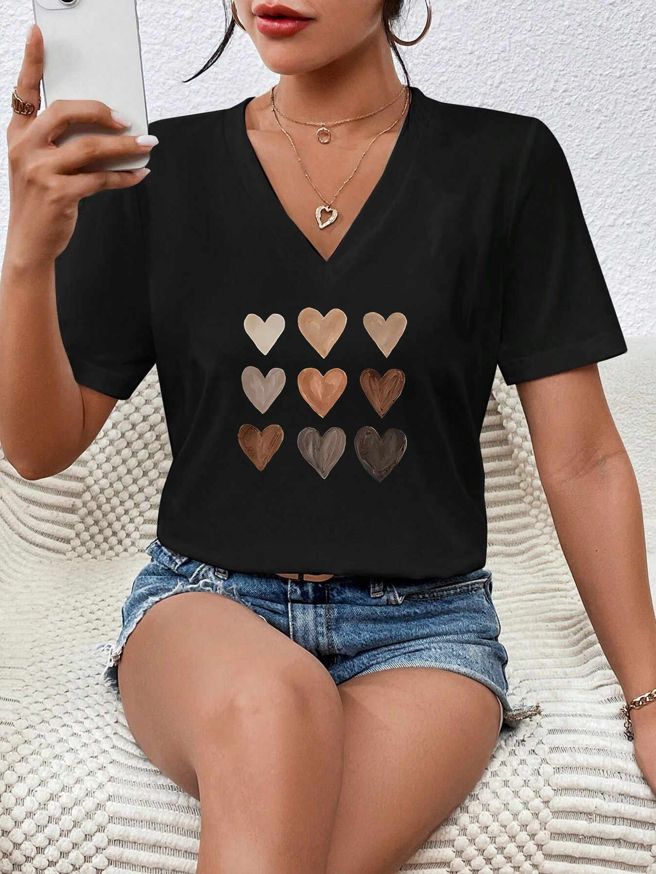 heart print casual t shirt v neck short sleeves stretchy versatile sports tee valentines day womens tops details 5