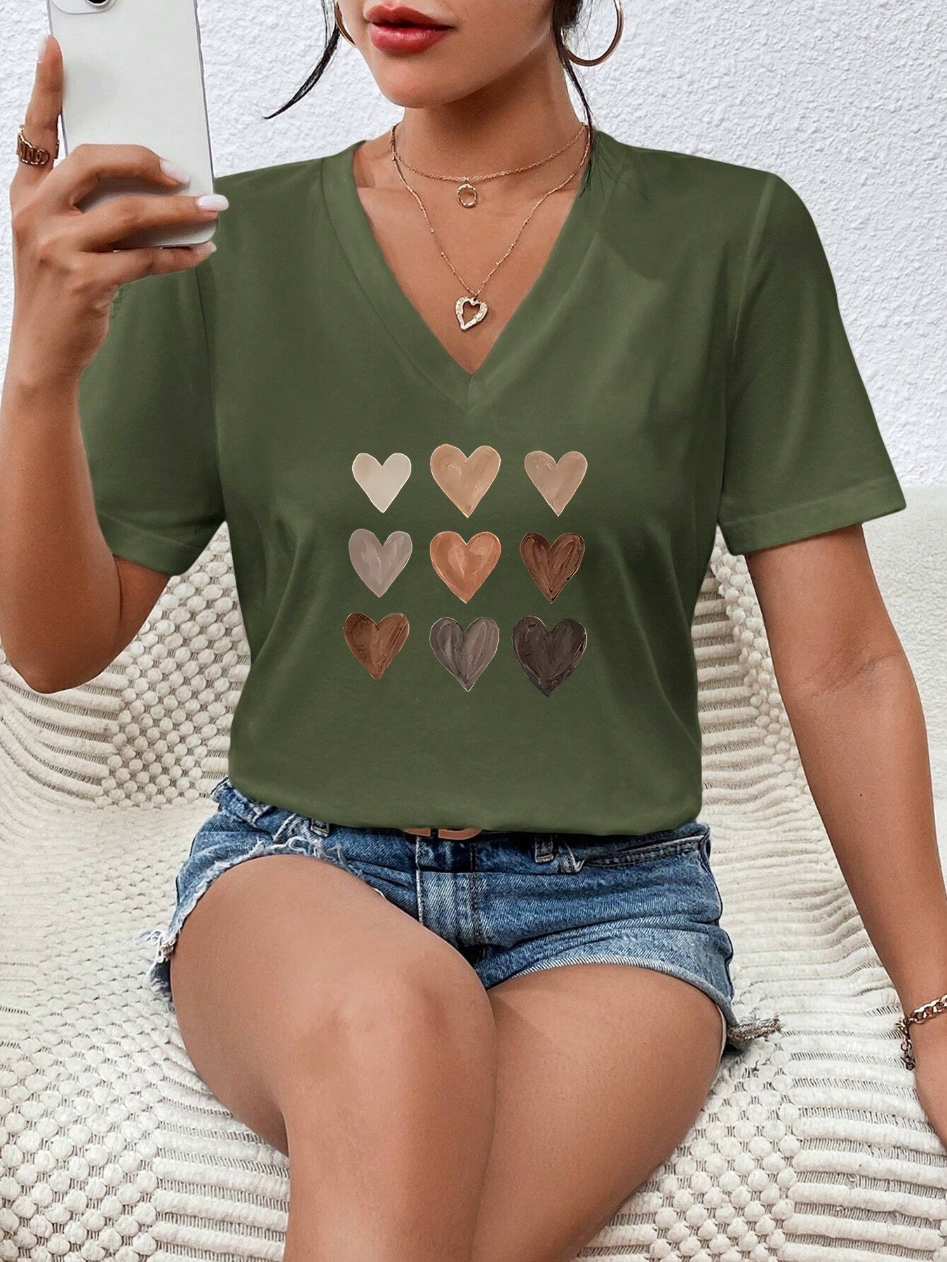 heart print casual t shirt v neck short sleeves stretchy versatile sports tee valentines day womens tops details 10