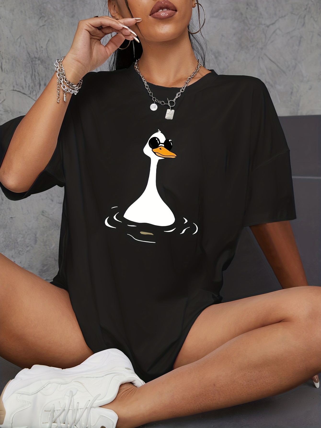 cartoon duck pattern casual t shirt short sleeves round neck cute sporty top womens activewear details 10