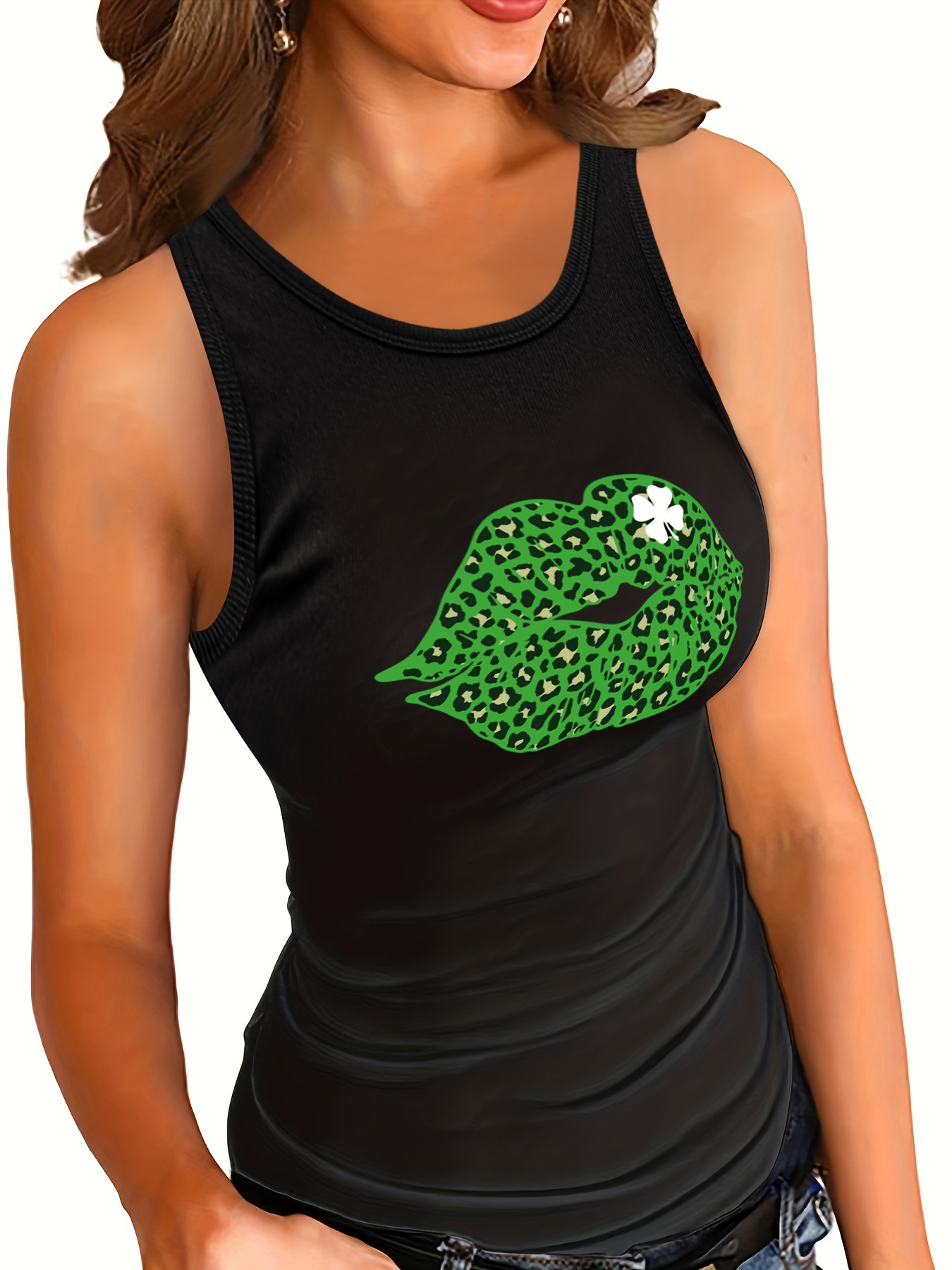 st patricks day lips print casual round neck sports tank top sleeveless running fitness vest t shirt womens activewear details 1