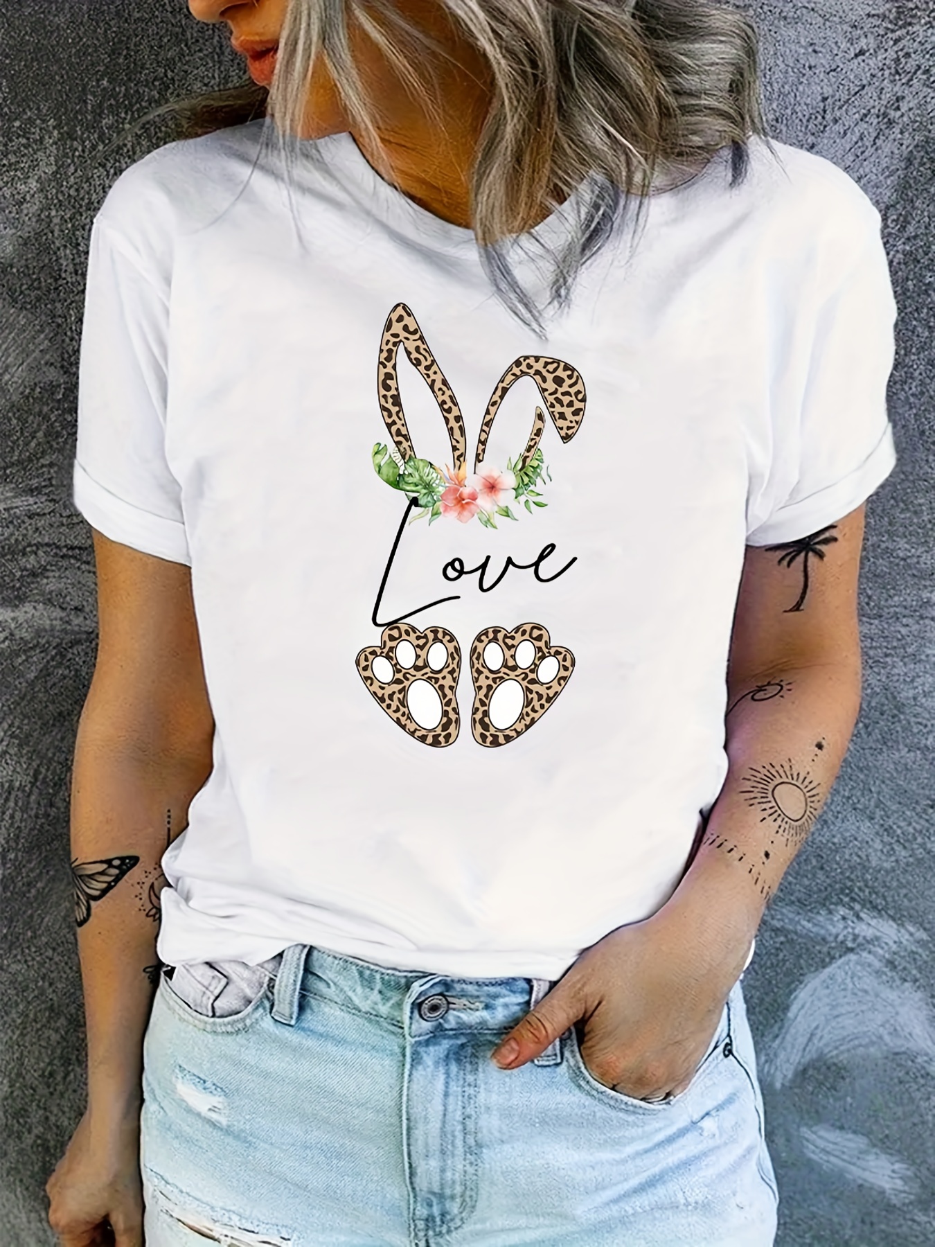 solid leopard flower print loose casual t shirts crew neck short sleeve comfort active casual tee womens summer tops details 0