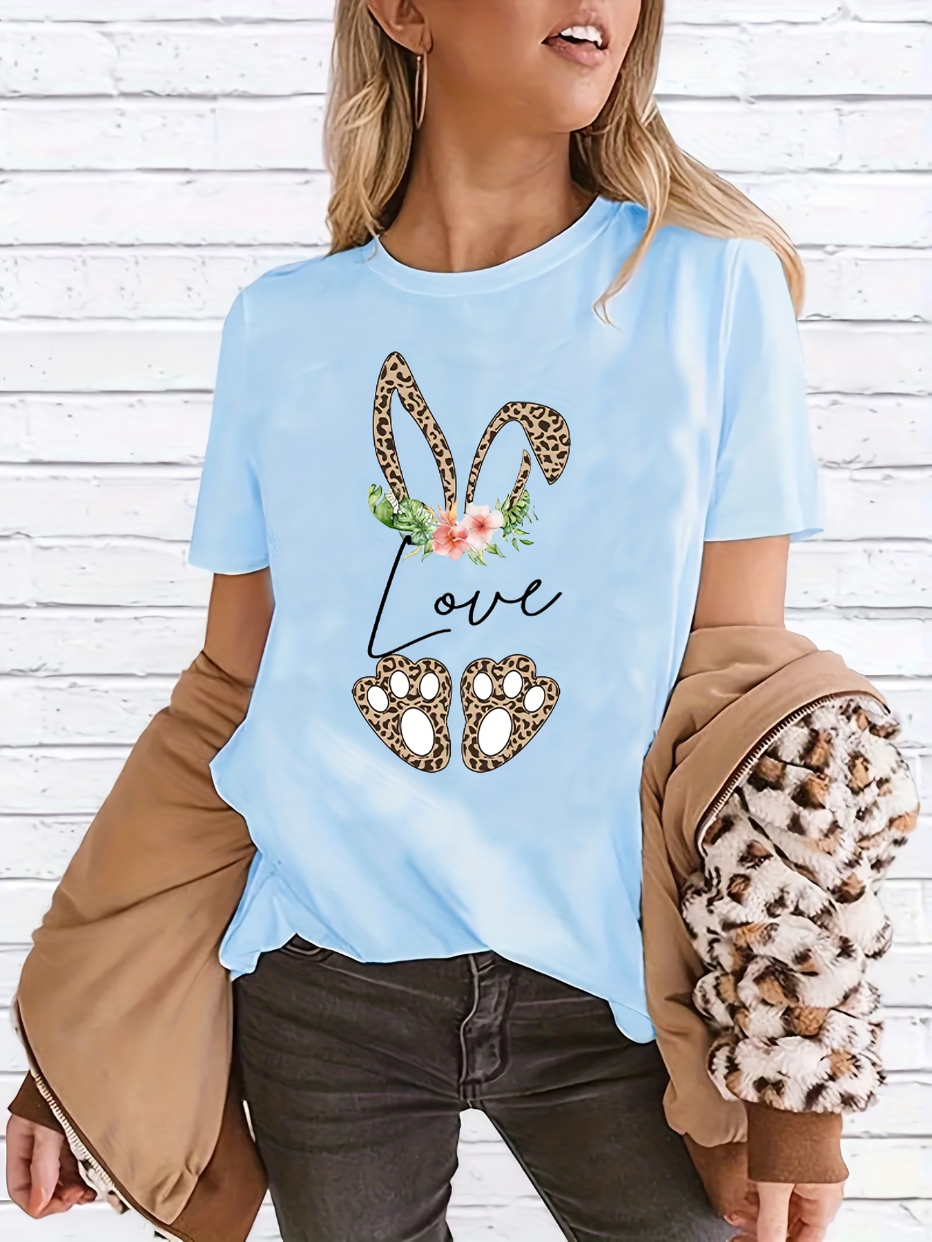 solid leopard flower print loose casual t shirts crew neck short sleeve comfort active casual tee womens summer tops details 10