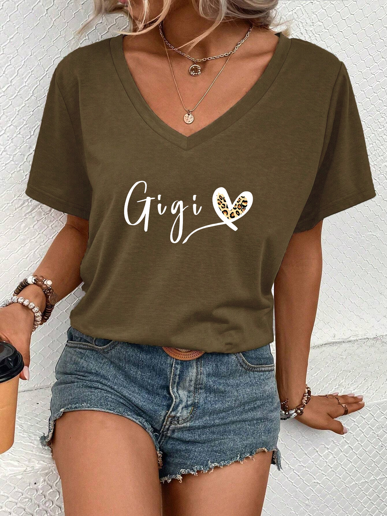 heart gigi letter print casual t shirt short sleeves v neck stretchy fashion sports tee valentines day womens tops details 0