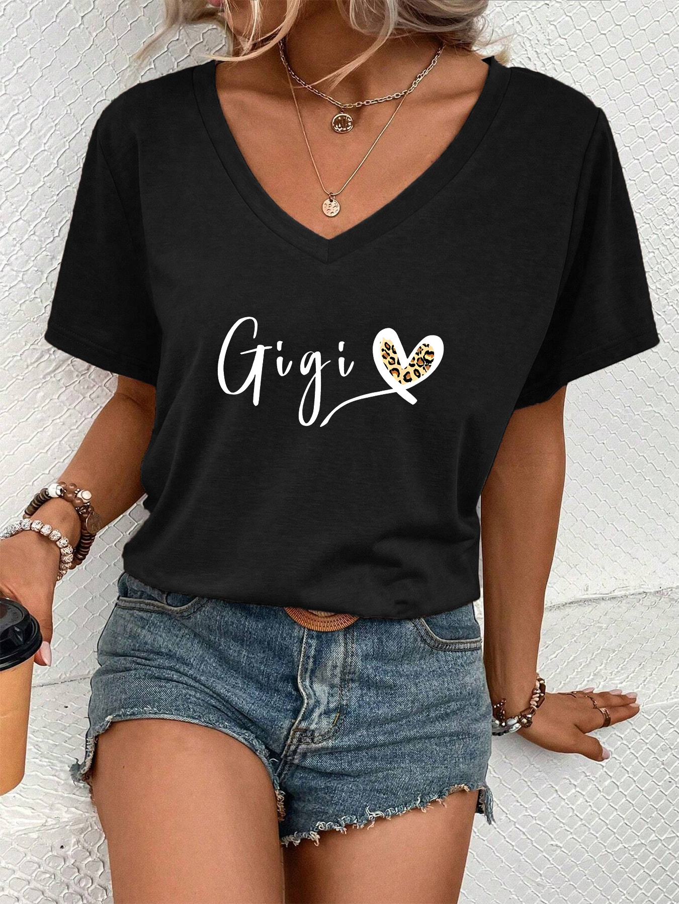 heart gigi letter print casual t shirt short sleeves v neck stretchy fashion sports tee valentines day womens tops details 5