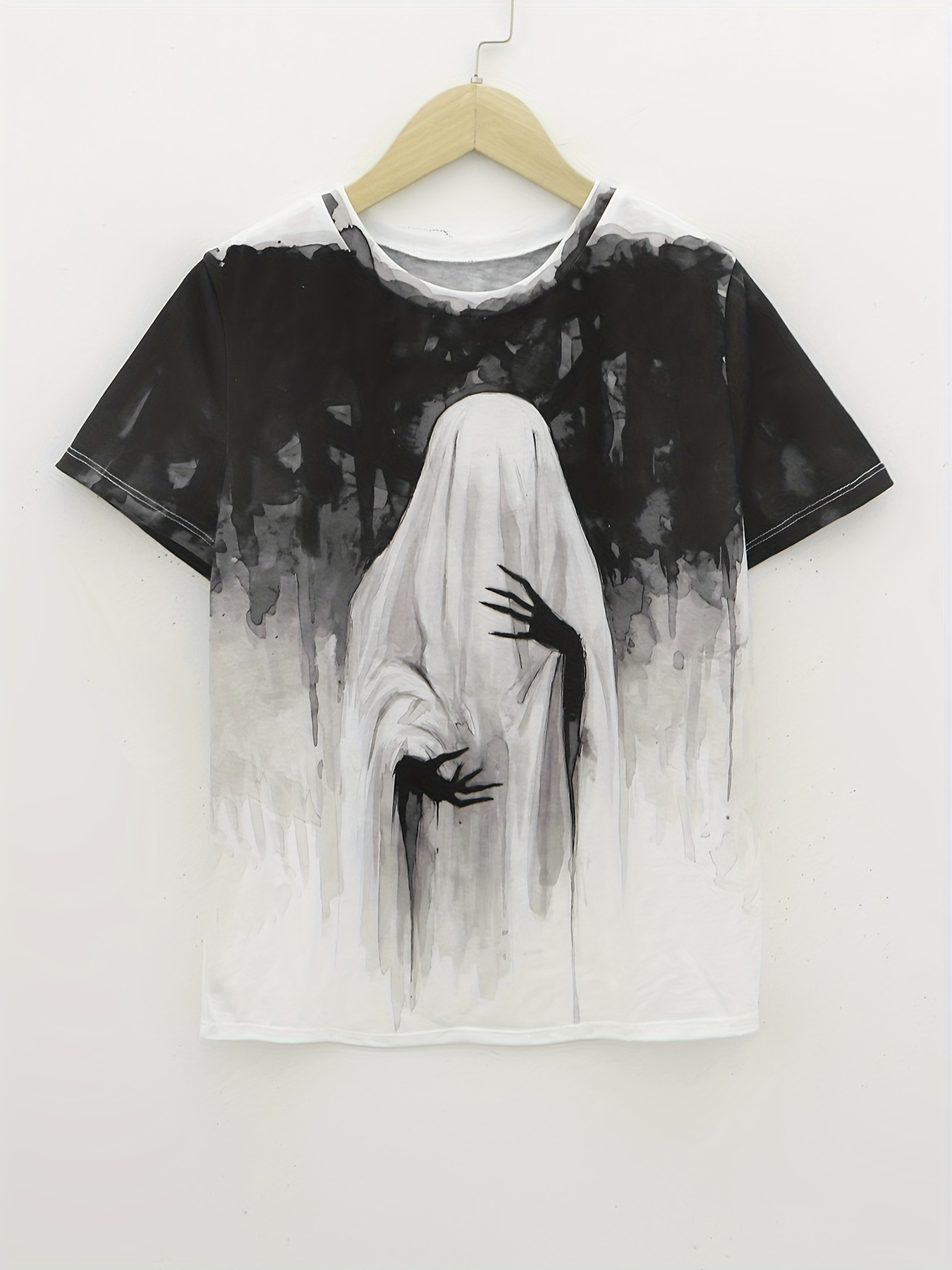 halloween ghost art graphic sports t shorts printed crew neck casual short sleeves womens tops details 3