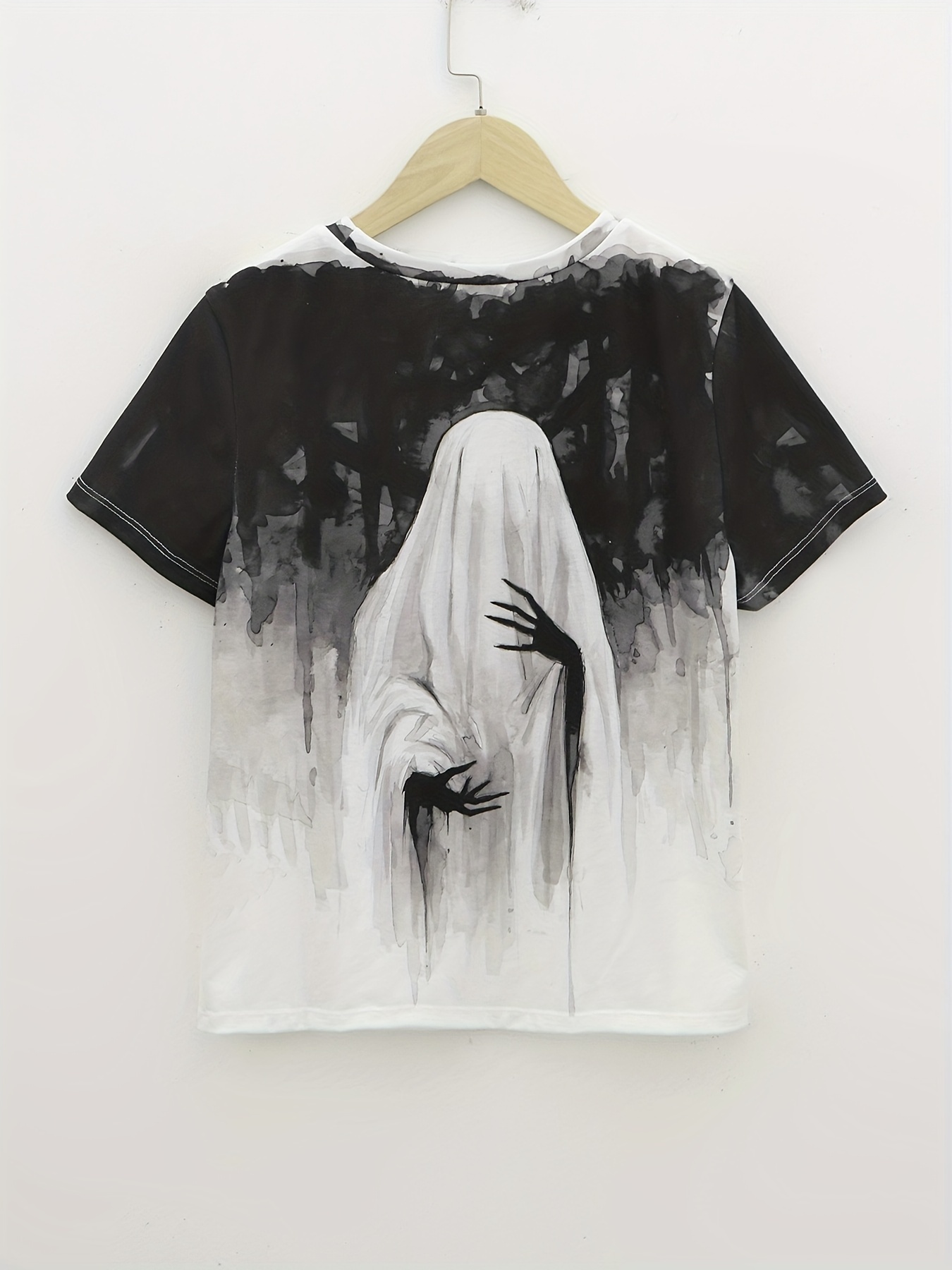 halloween ghost art graphic sports t shorts printed crew neck casual short sleeves womens tops details 4