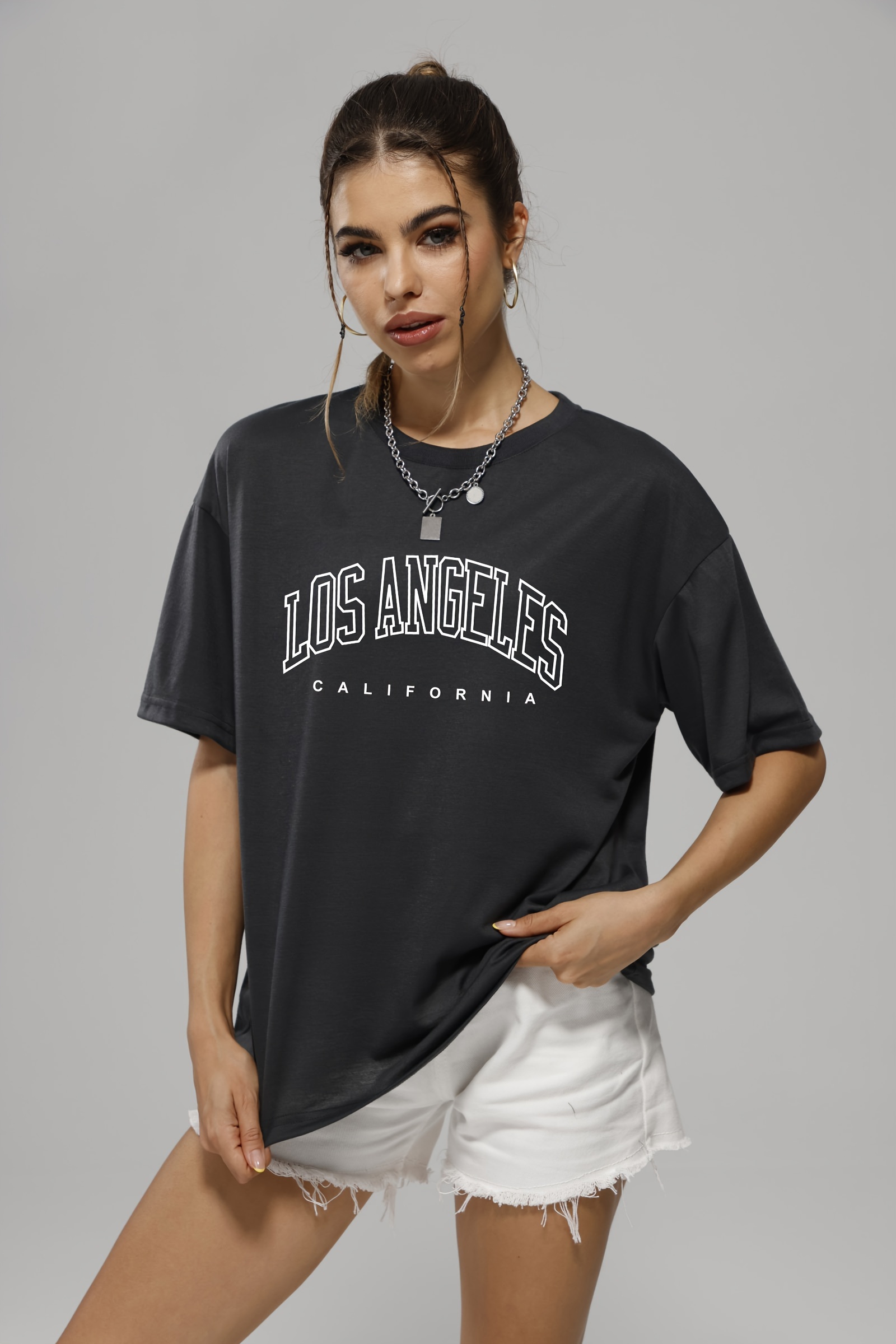 los angeles letter graphic loose sports t shirt short sleeves round neck fashion tops womens activewear details 0