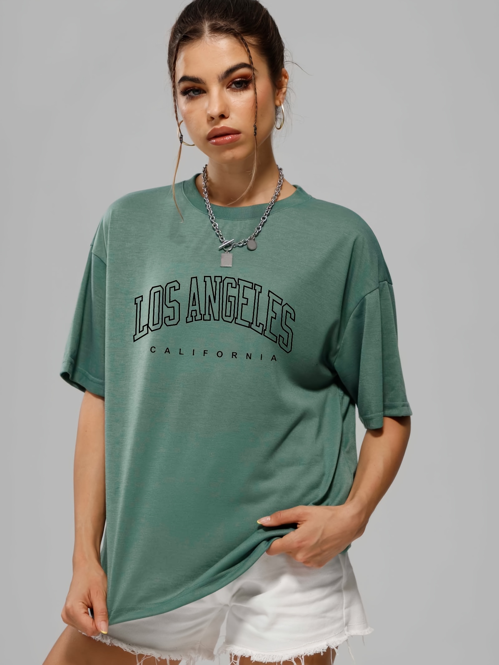 los angeles letter graphic loose sports t shirt short sleeves round neck fashion tops womens activewear details 1