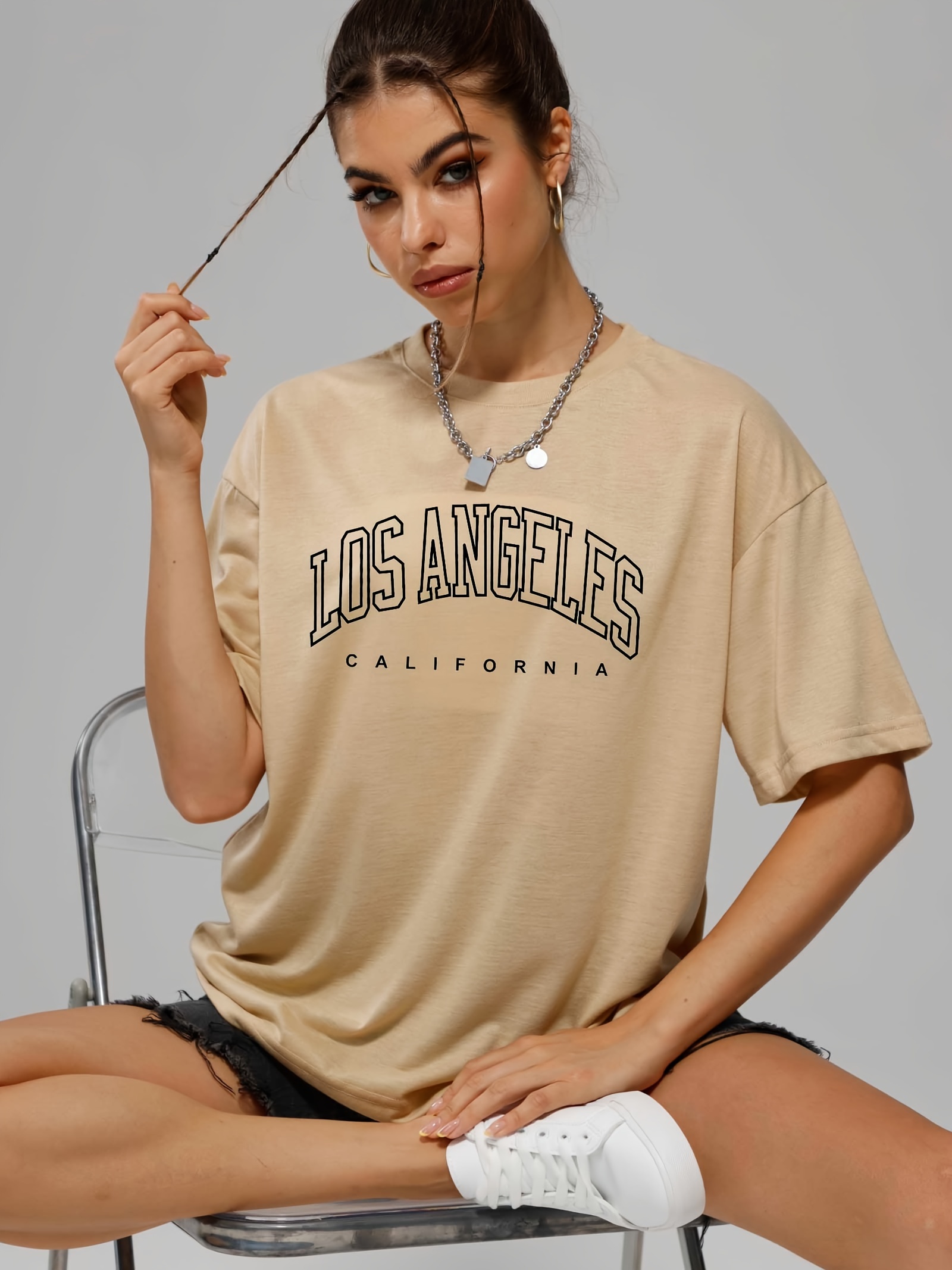 los angeles letter graphic loose sports t shirt short sleeves round neck fashion tops womens activewear details 2