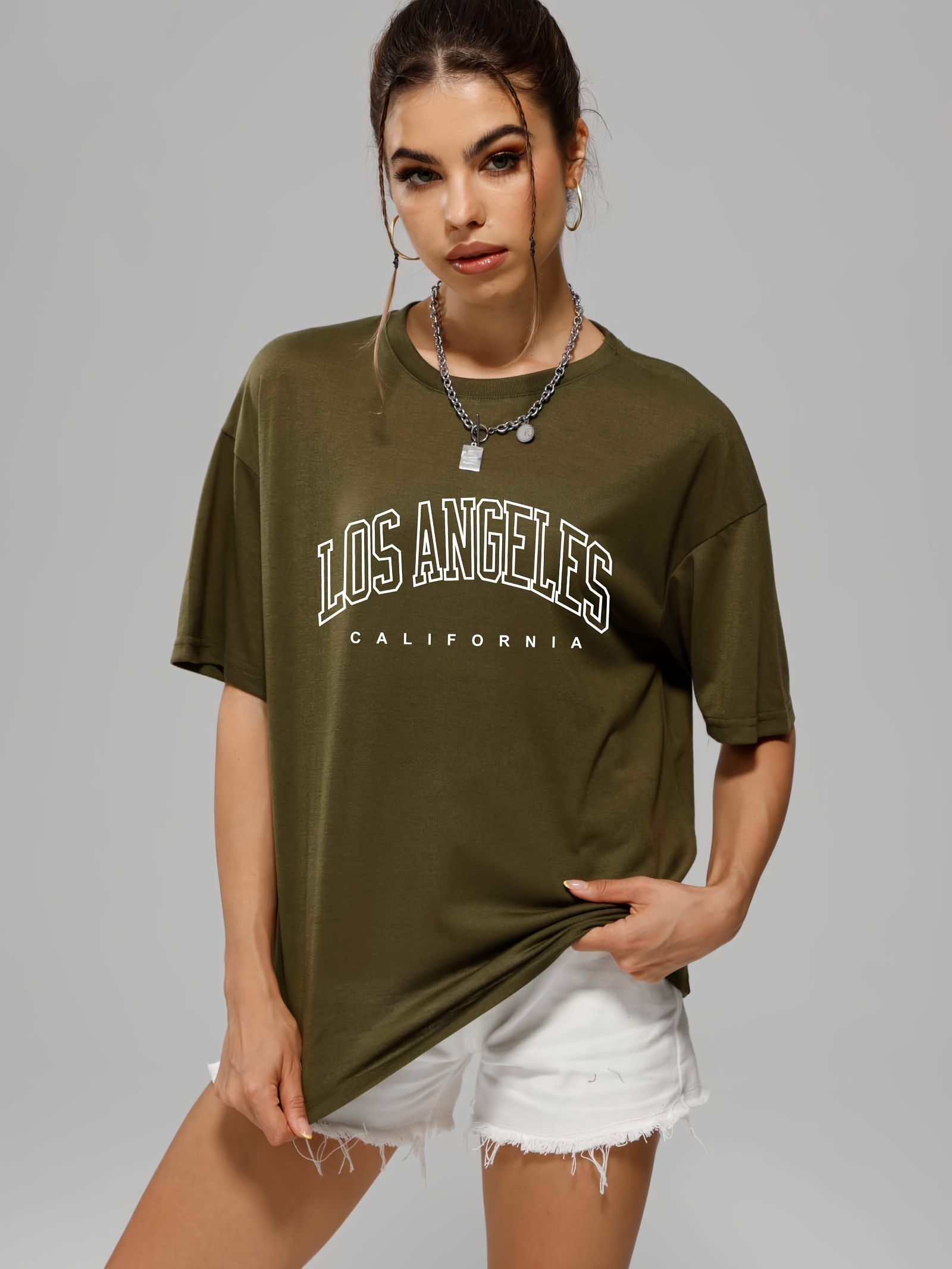 los angeles letter graphic loose sports t shirt short sleeves round neck fashion tops womens activewear details 3