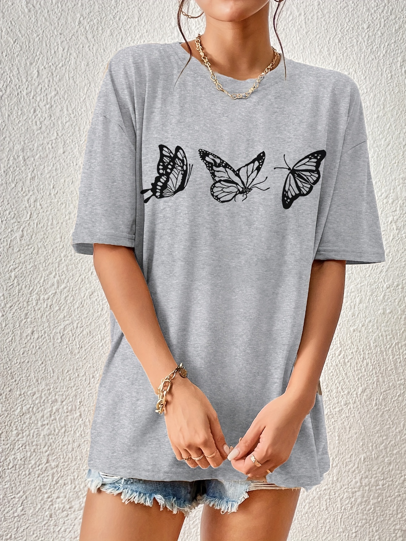 butterfly print versatile t shirt loose fit short sleeves round neck fashion casual tee womens tops details 1