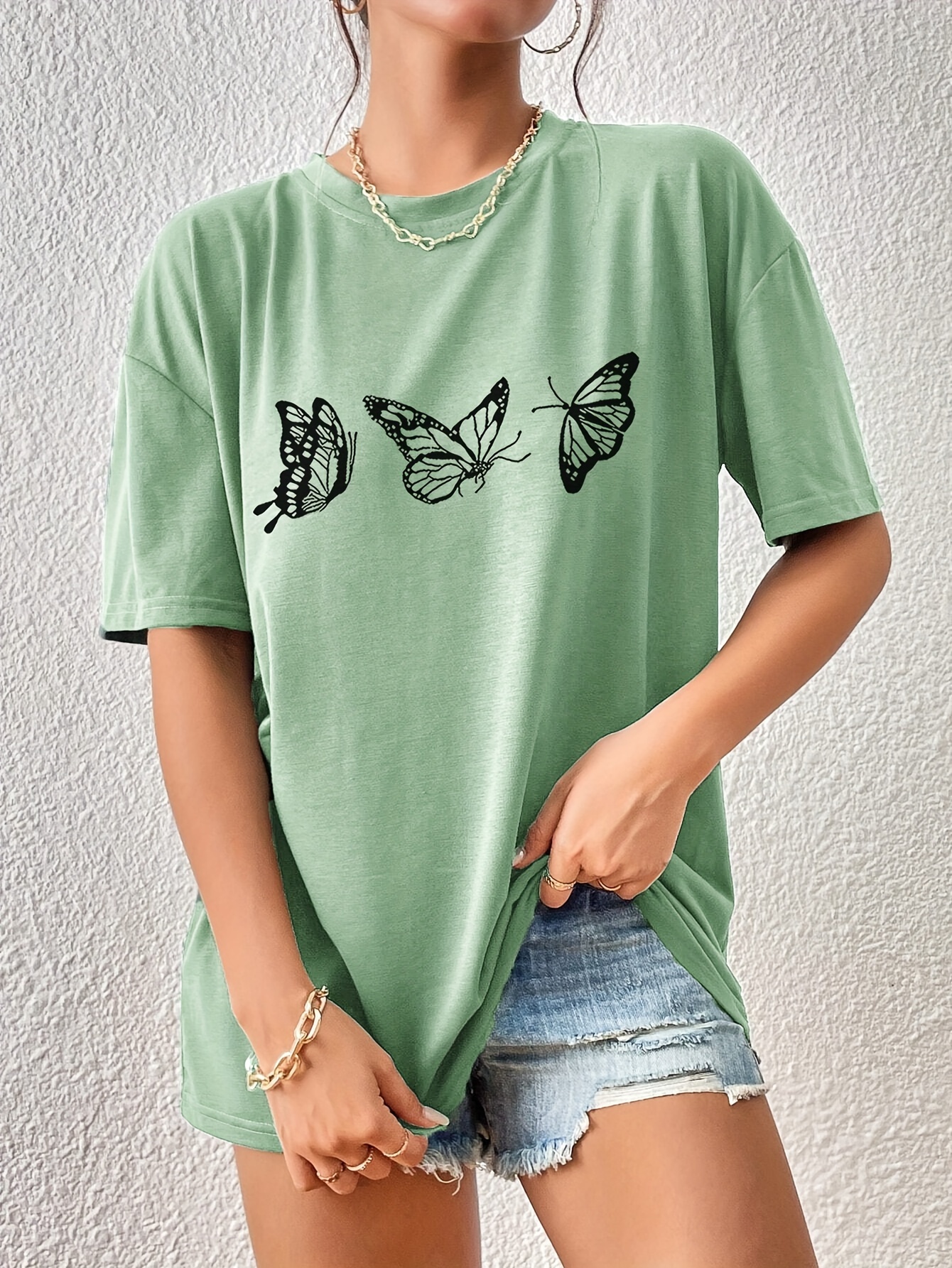 butterfly print versatile t shirt loose fit short sleeves round neck fashion casual tee womens tops details 5