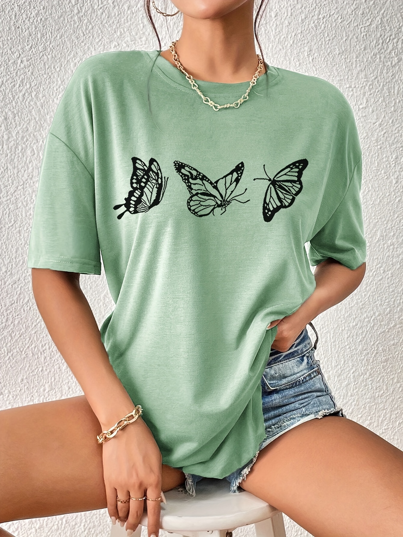 butterfly print versatile t shirt loose fit short sleeves round neck fashion casual tee womens tops details 9