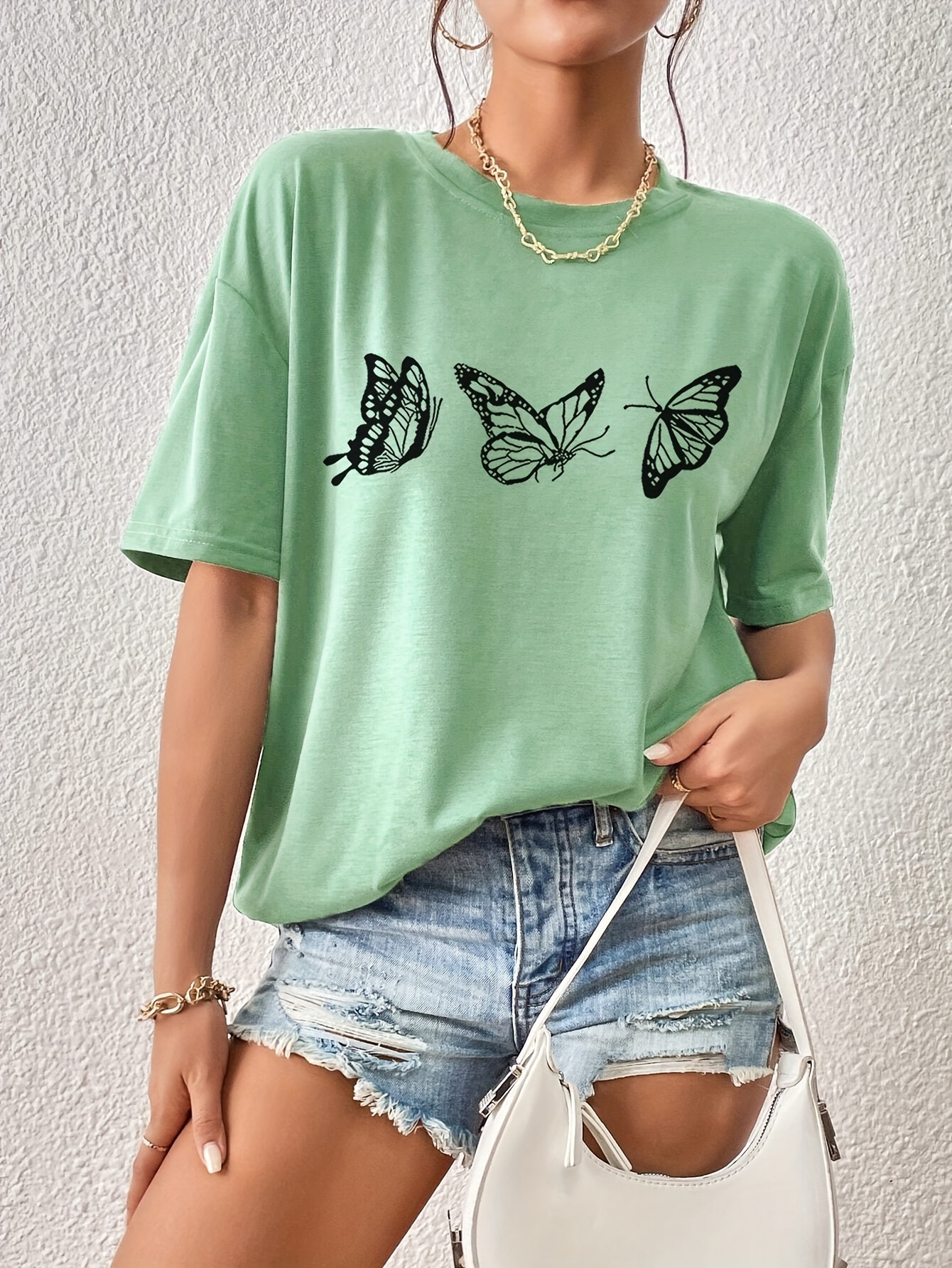 butterfly print versatile t shirt loose fit short sleeves round neck fashion casual tee womens tops details 10