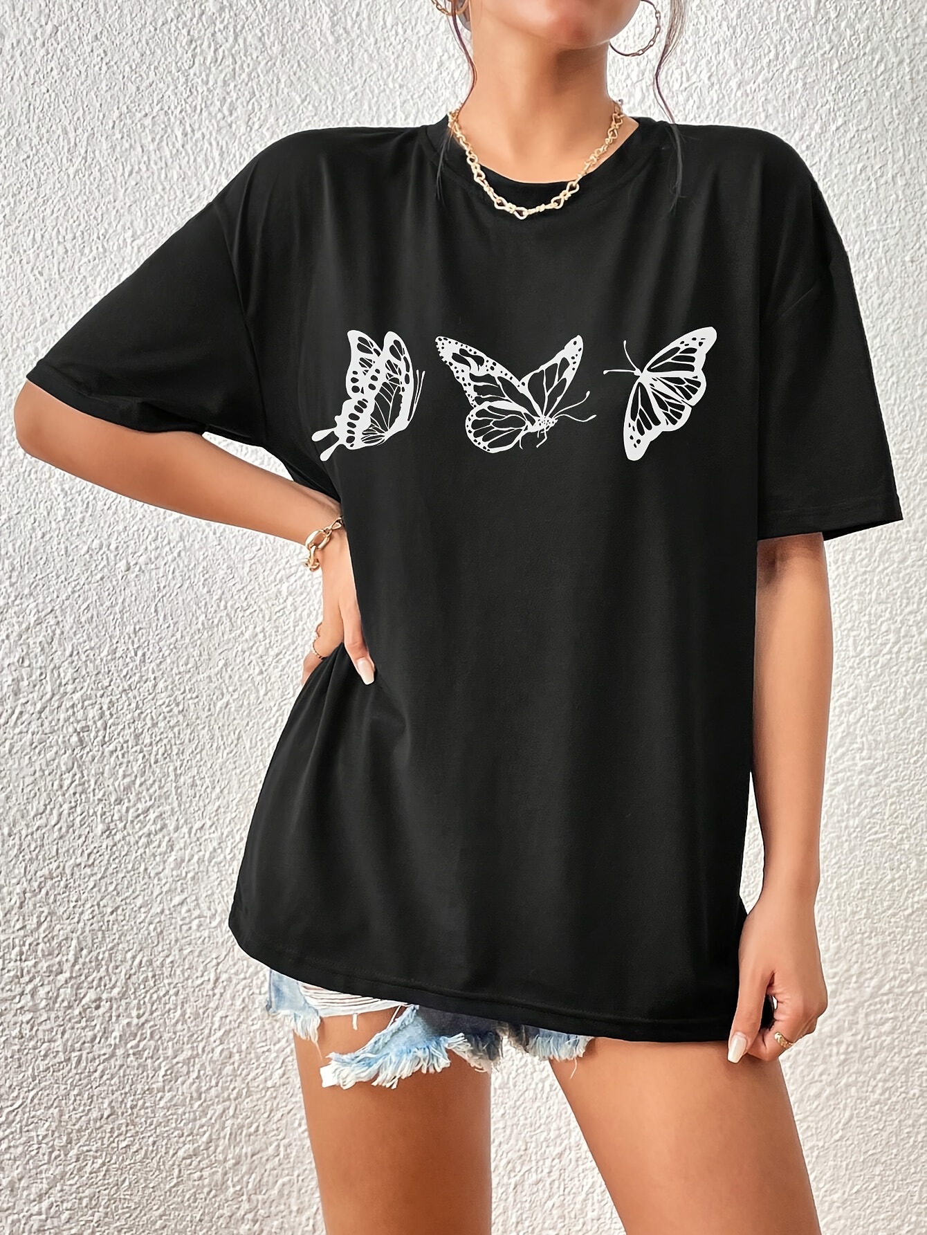 butterfly print versatile t shirt loose fit short sleeves round neck fashion casual tee womens tops details 11