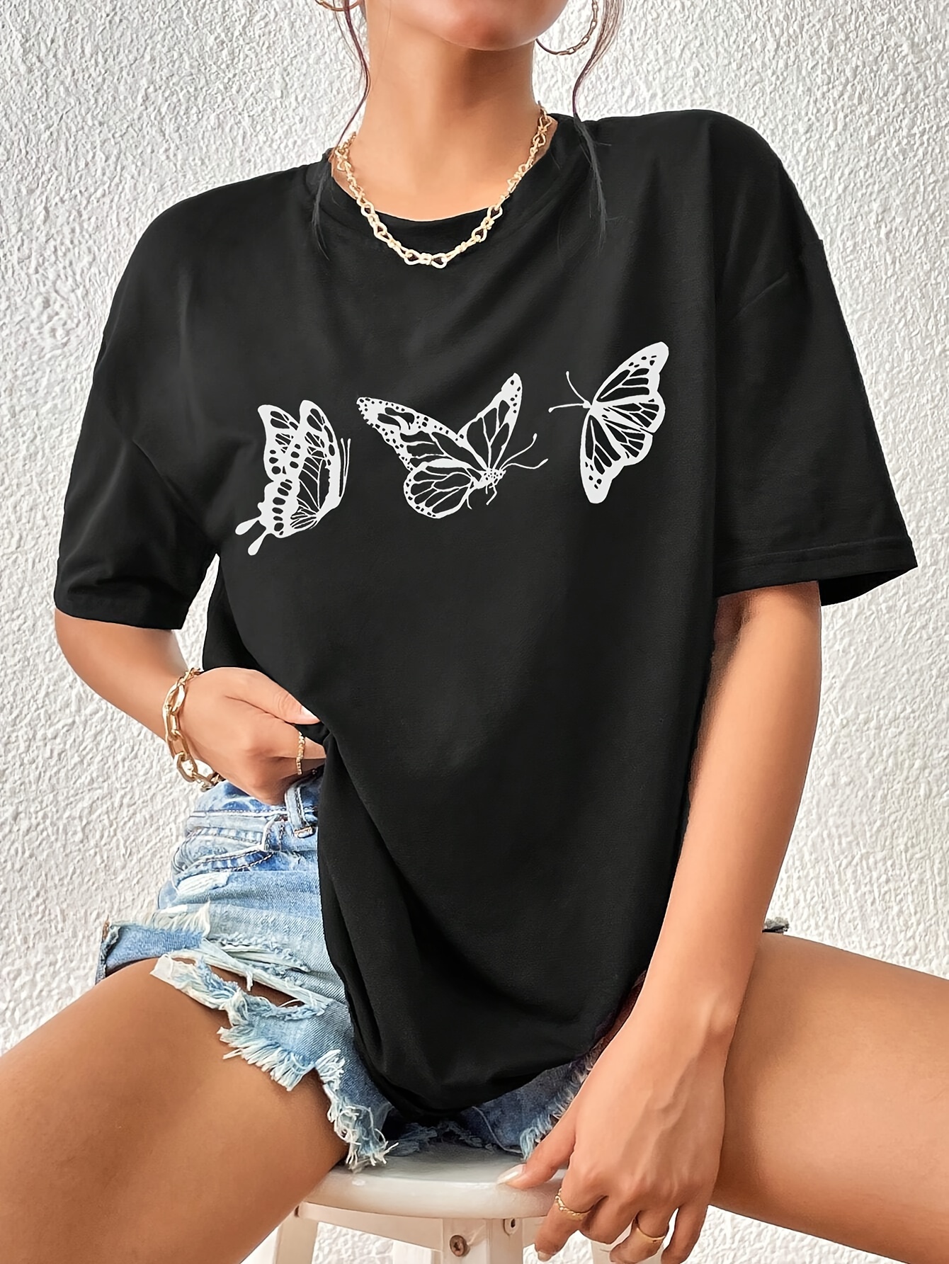 butterfly print versatile t shirt loose fit short sleeves round neck fashion casual tee womens tops details 12