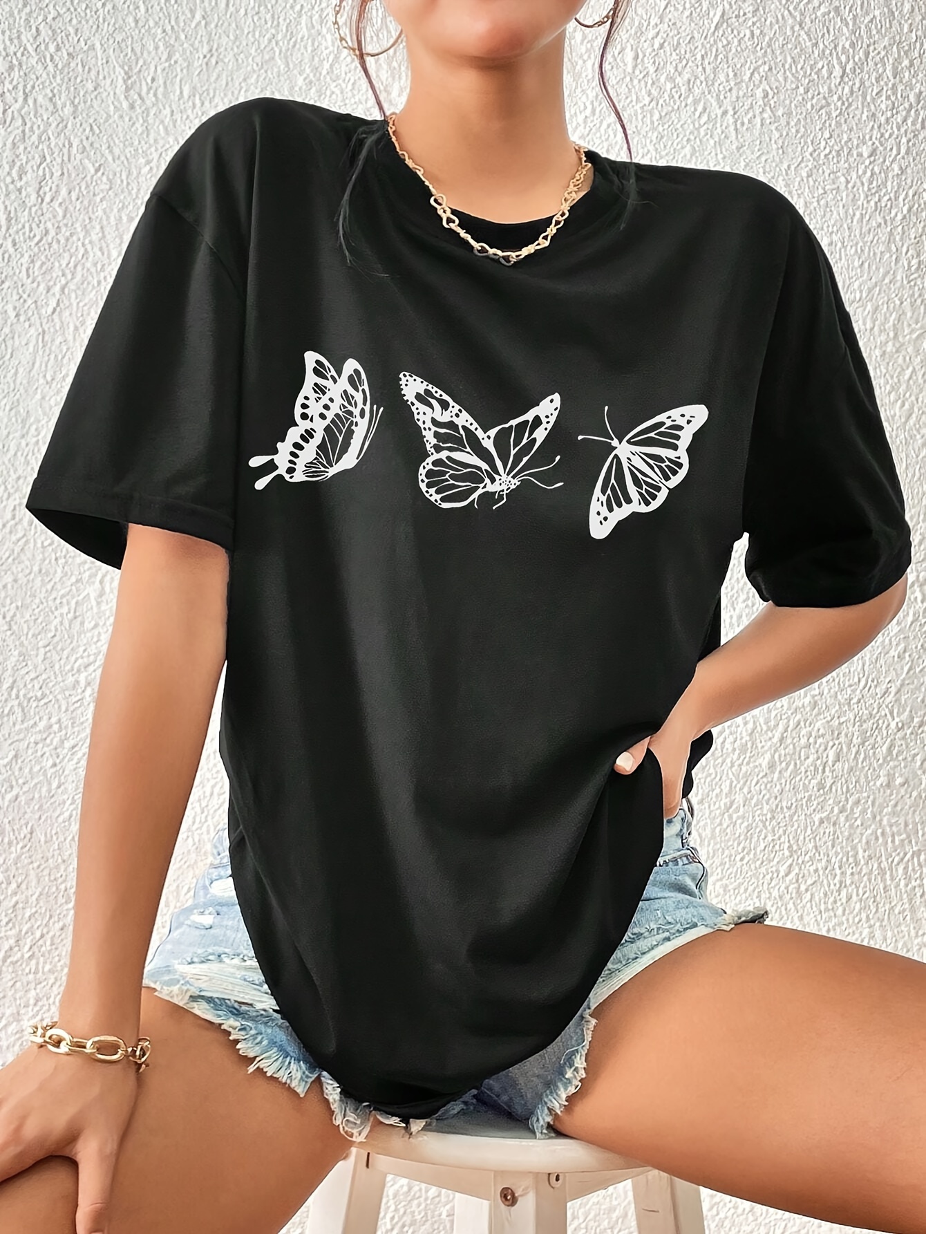 butterfly print versatile t shirt loose fit short sleeves round neck fashion casual tee womens tops details 14