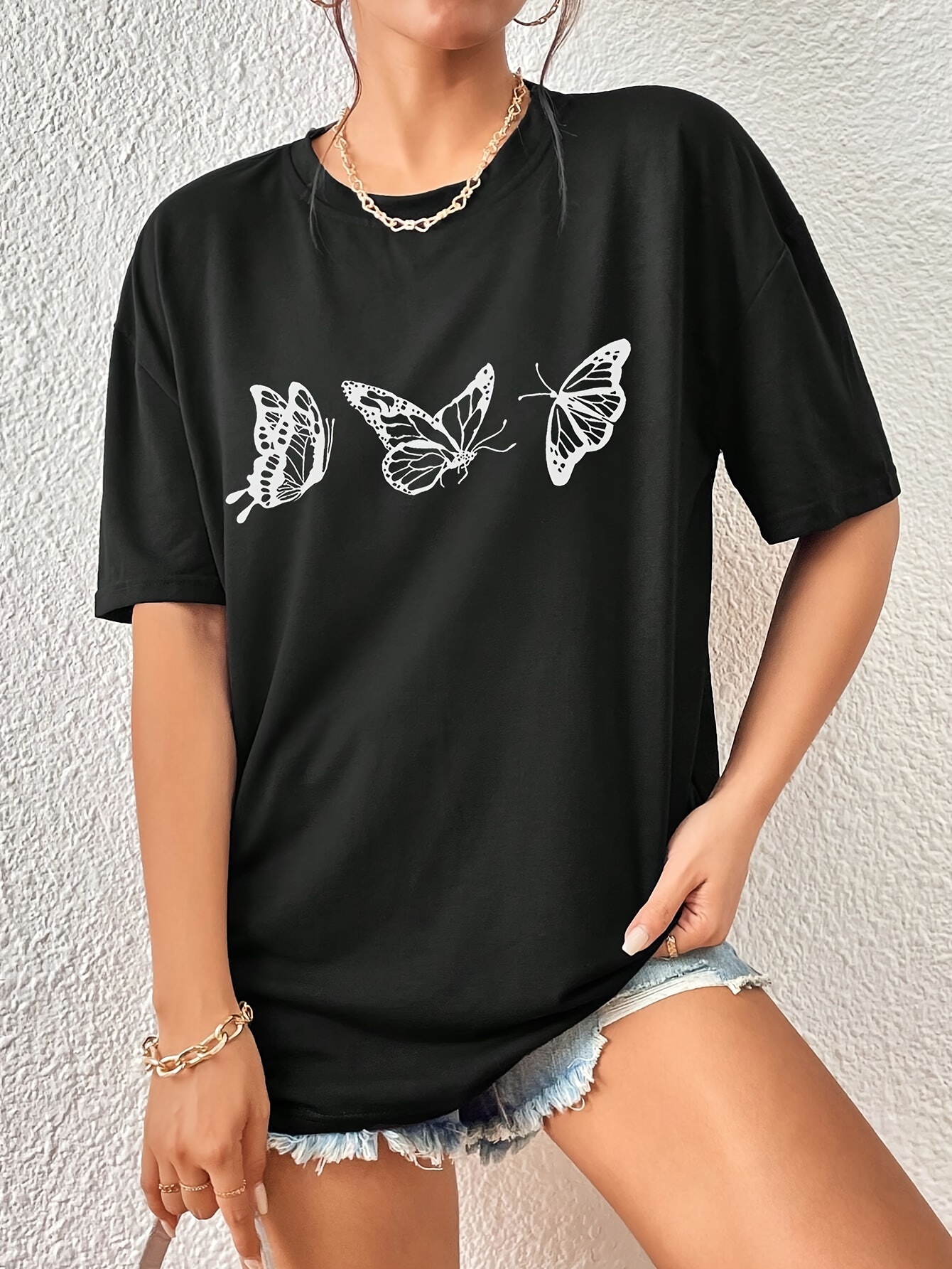 butterfly print versatile t shirt loose fit short sleeves round neck fashion casual tee womens tops details 15