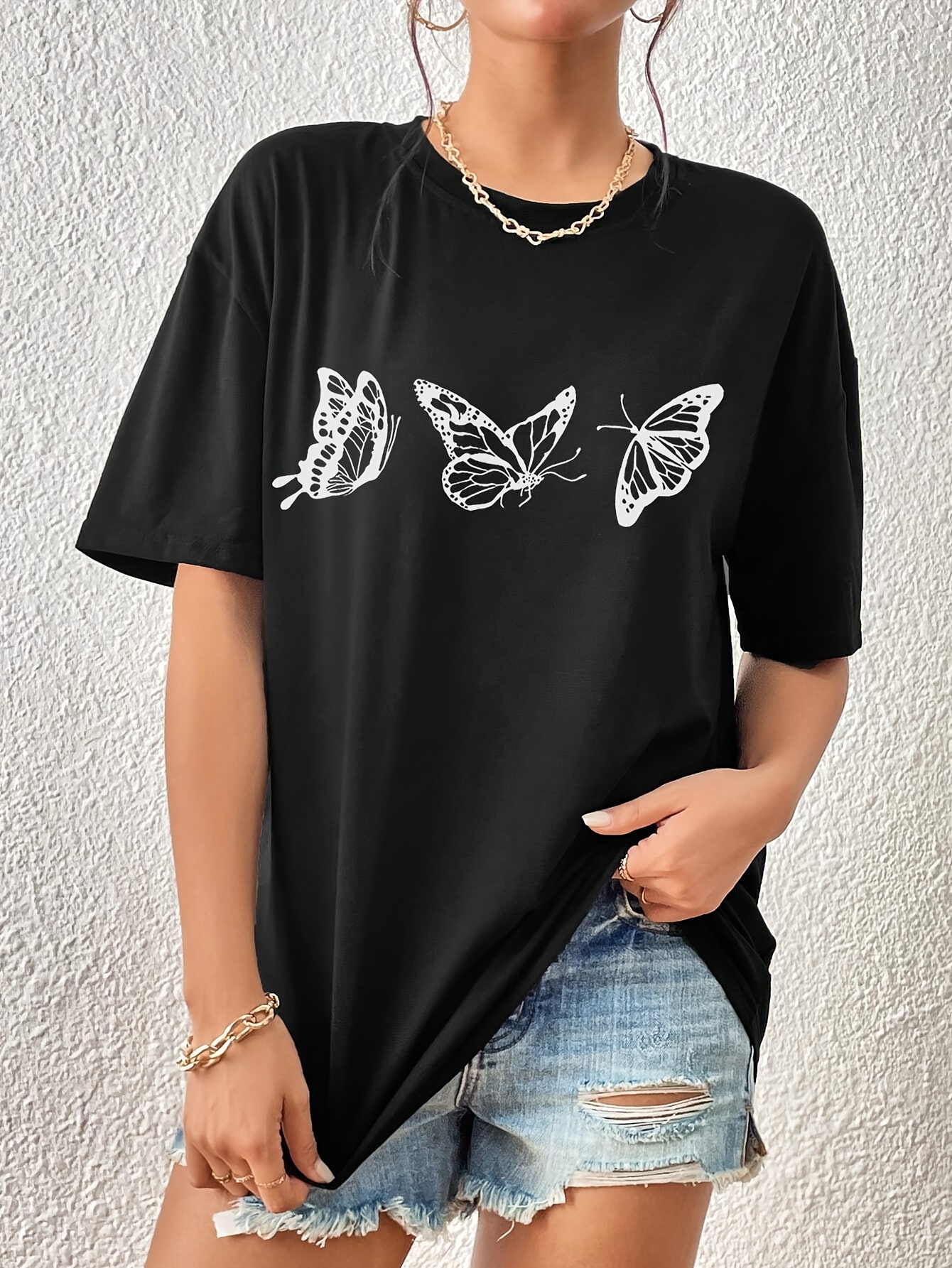 butterfly print versatile t shirt loose fit short sleeves round neck fashion casual tee womens tops details 16