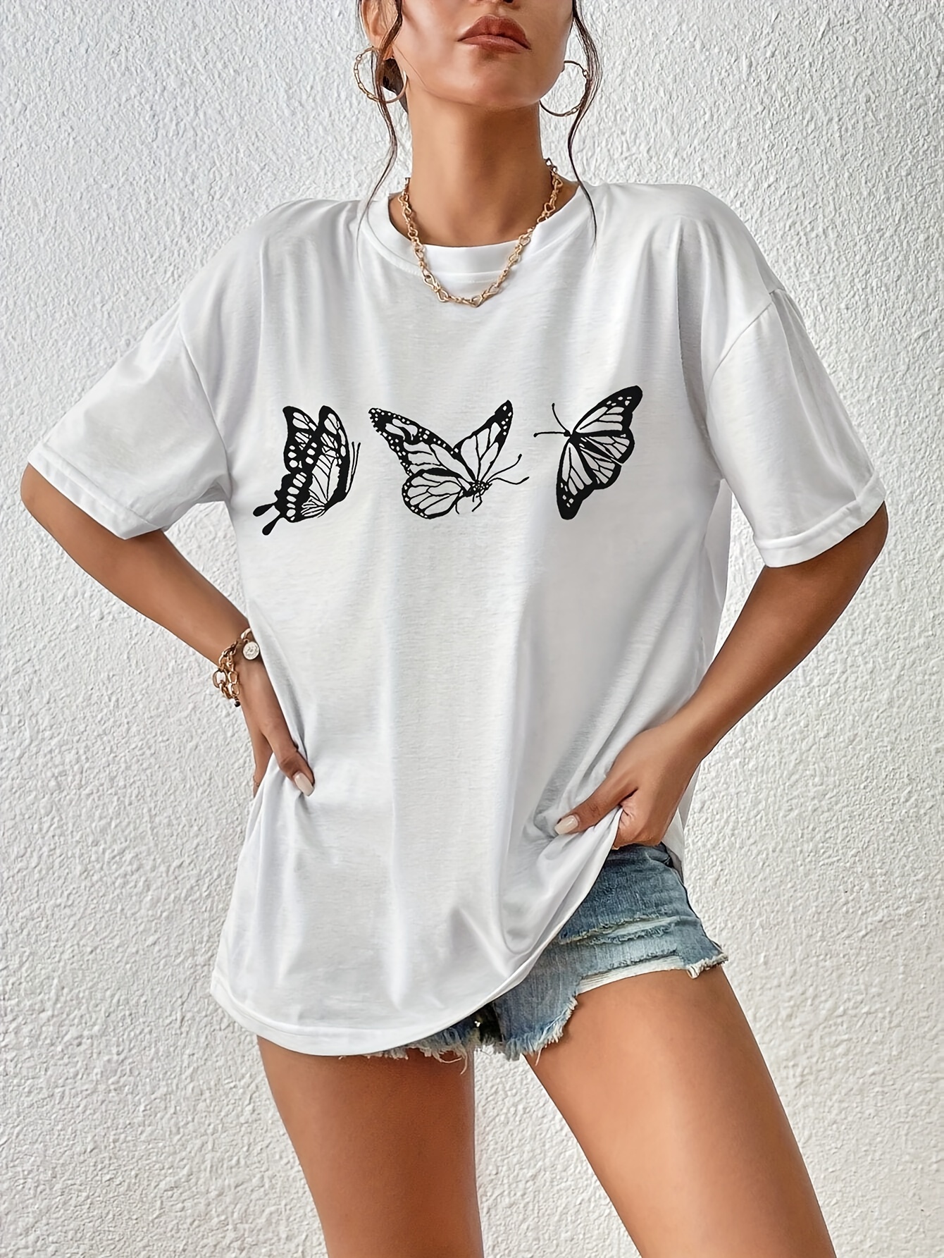 butterfly print versatile t shirt loose fit short sleeves round neck fashion casual tee womens tops details 17