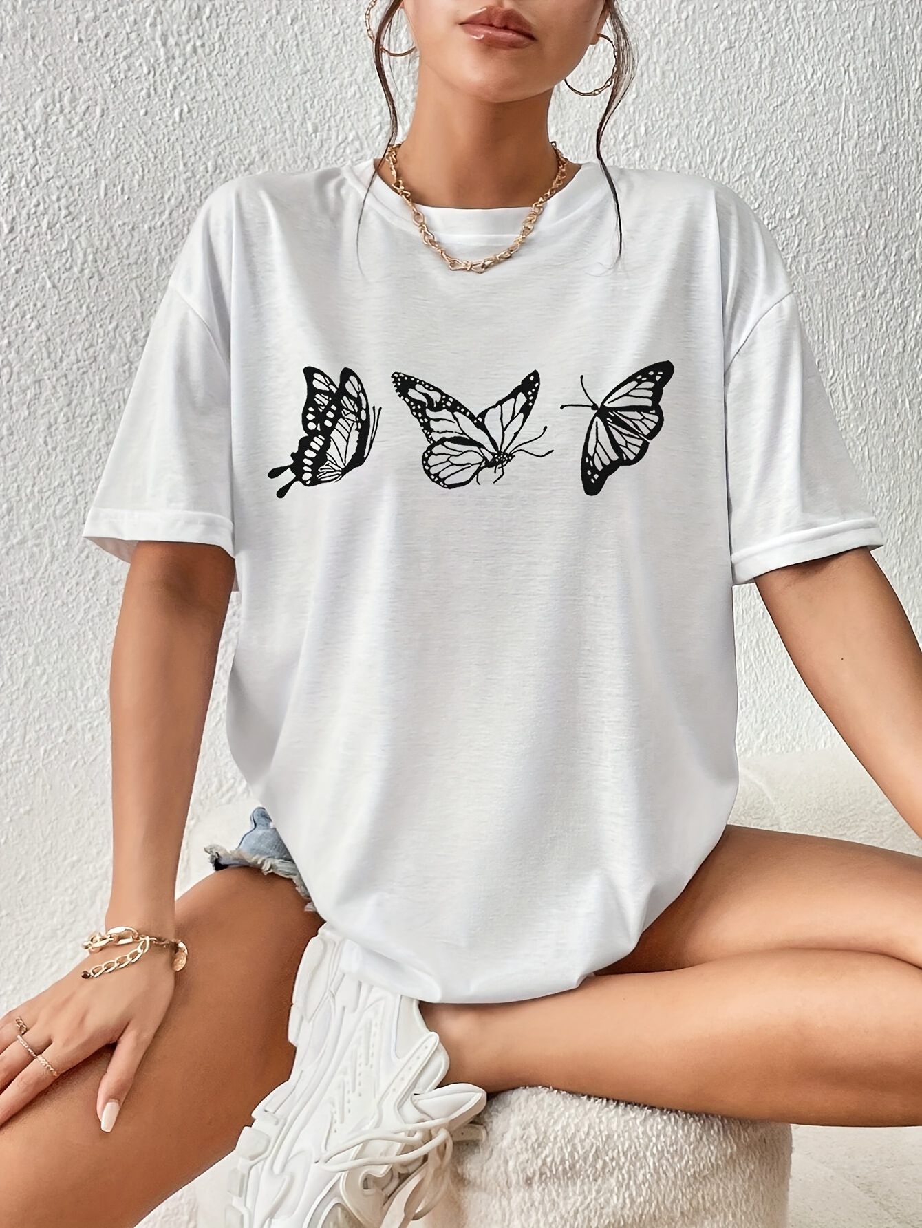 butterfly print versatile t shirt loose fit short sleeves round neck fashion casual tee womens tops details 20