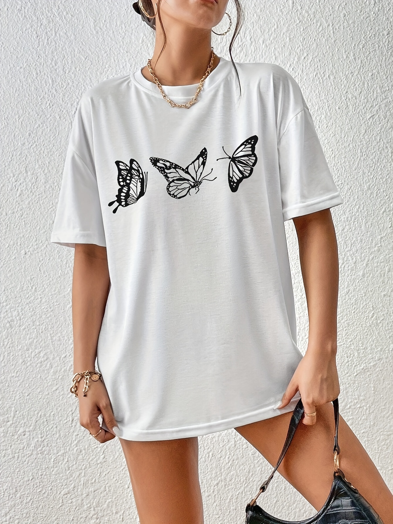 butterfly print versatile t shirt loose fit short sleeves round neck fashion casual tee womens tops details 21