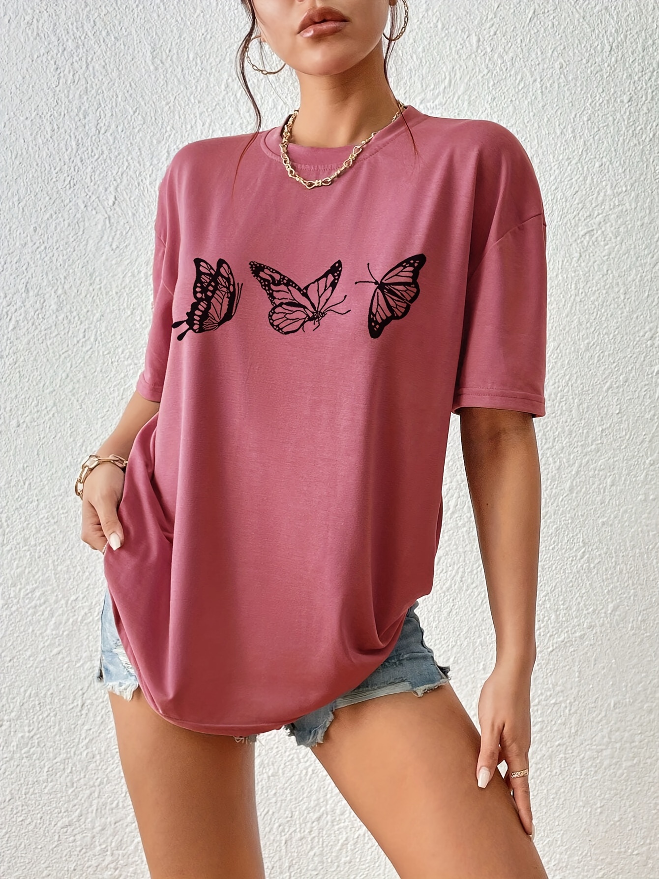 butterfly print versatile t shirt loose fit short sleeves round neck fashion casual tee womens tops details 24