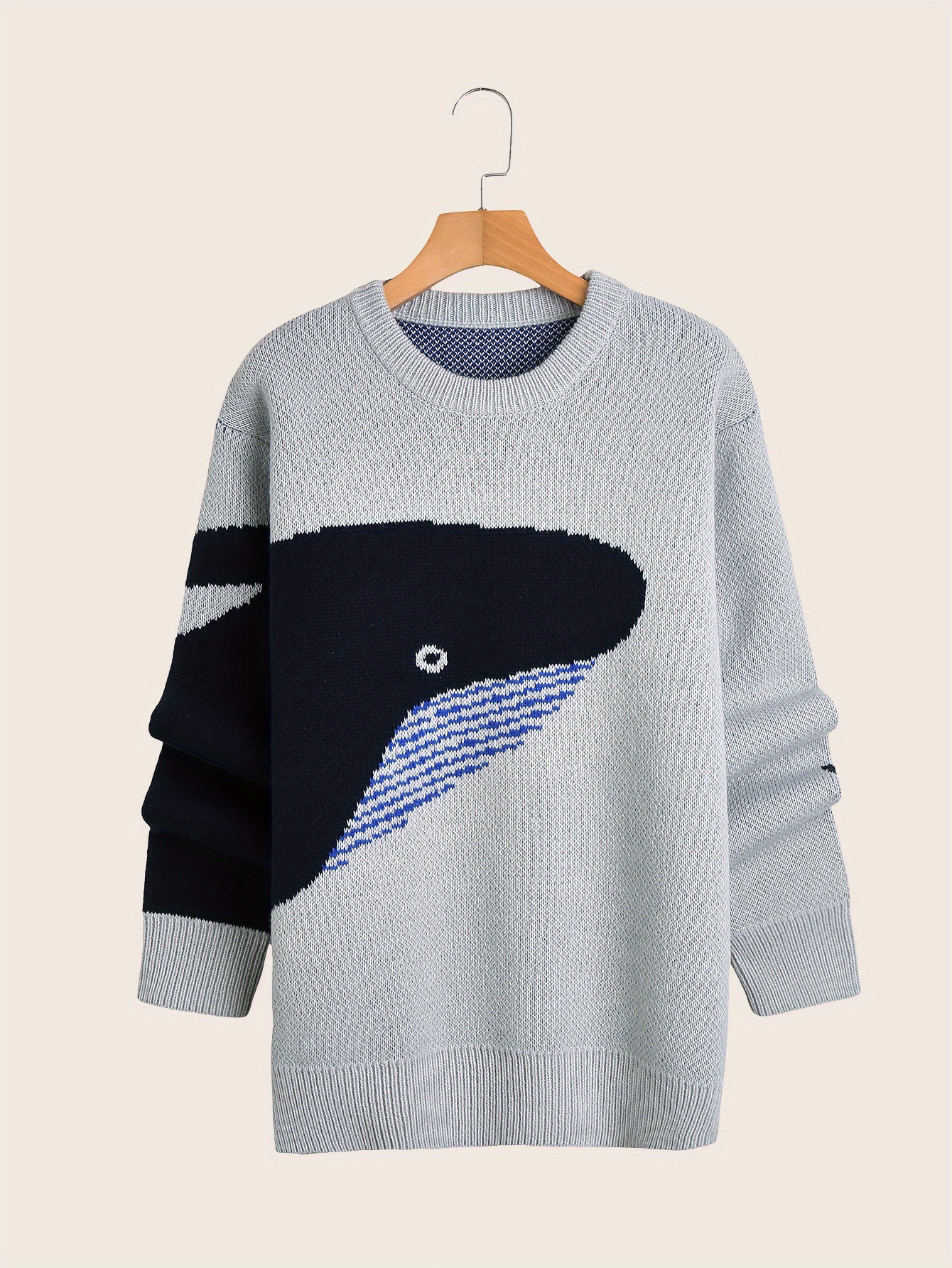 cartoon whale print loose fit warm sweater mens casual retro style slightly stretch crew neck pullover sweater for fall winter details 0