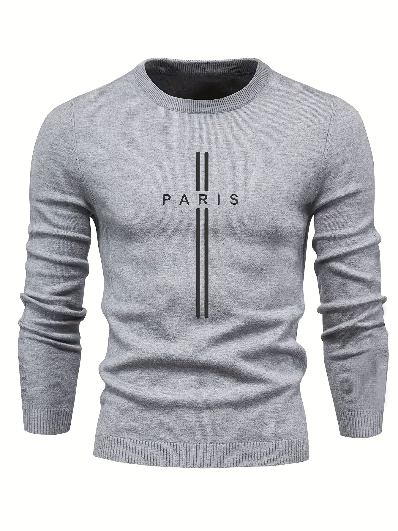 paris print creative knitted sweater mens casual crew neck medium stretch sweater details 0