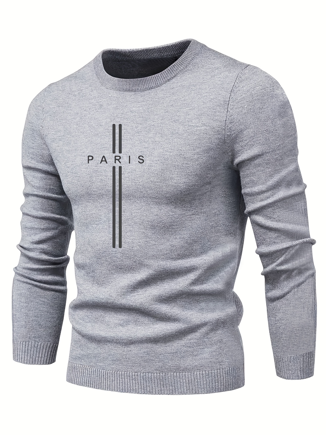 paris print creative knitted sweater mens casual crew neck medium stretch sweater details 2