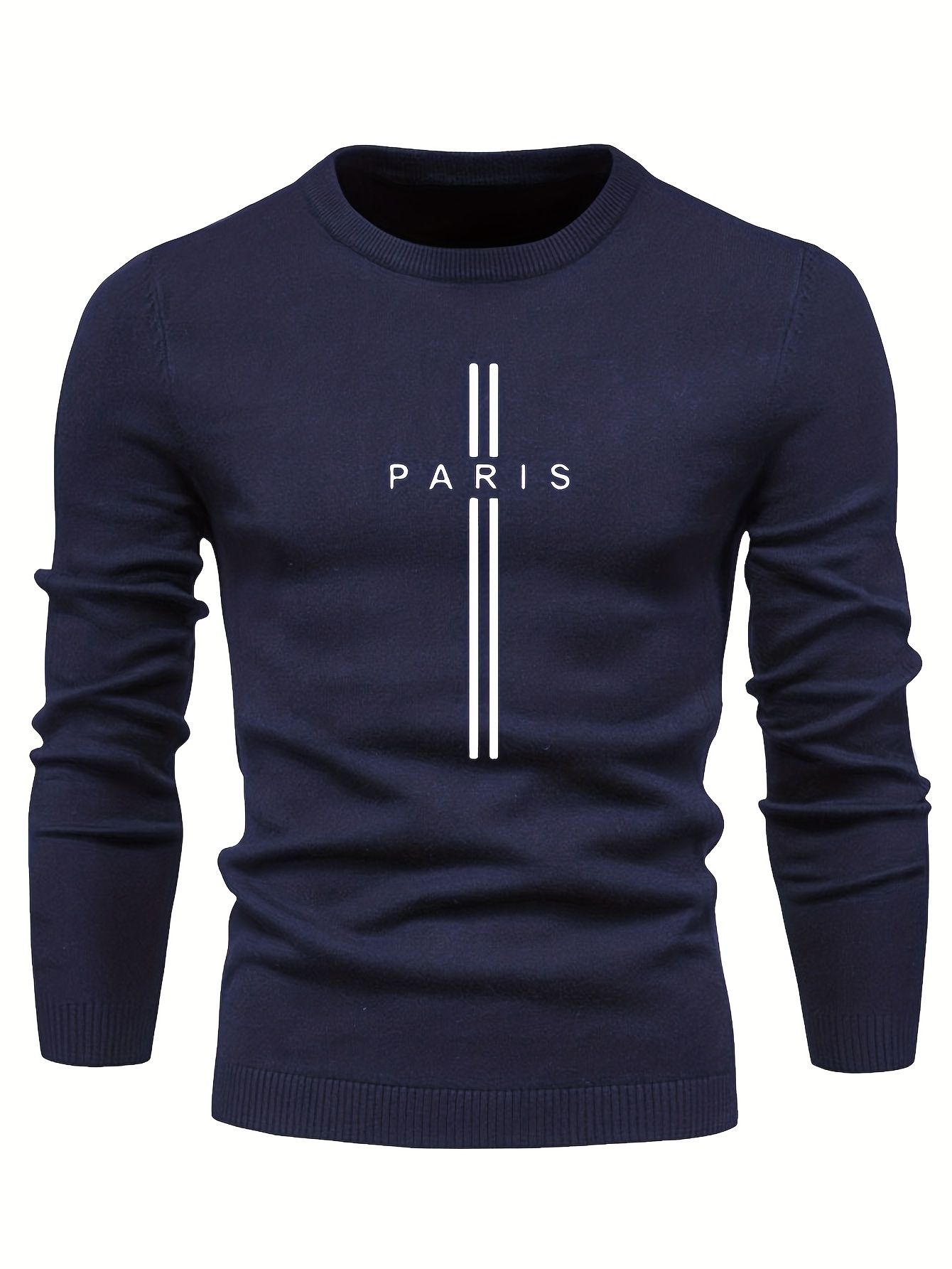 paris print creative knitted sweater mens casual crew neck medium stretch sweater details 5