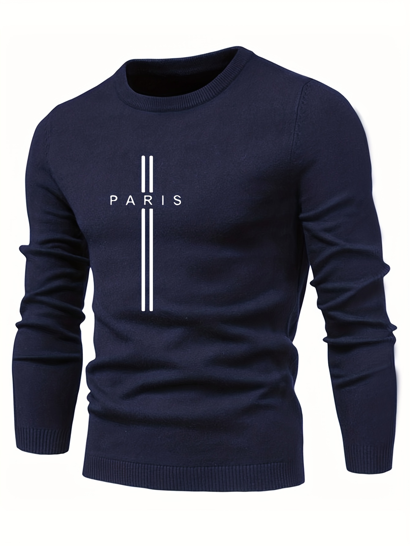 paris print creative knitted sweater mens casual crew neck medium stretch sweater details 7