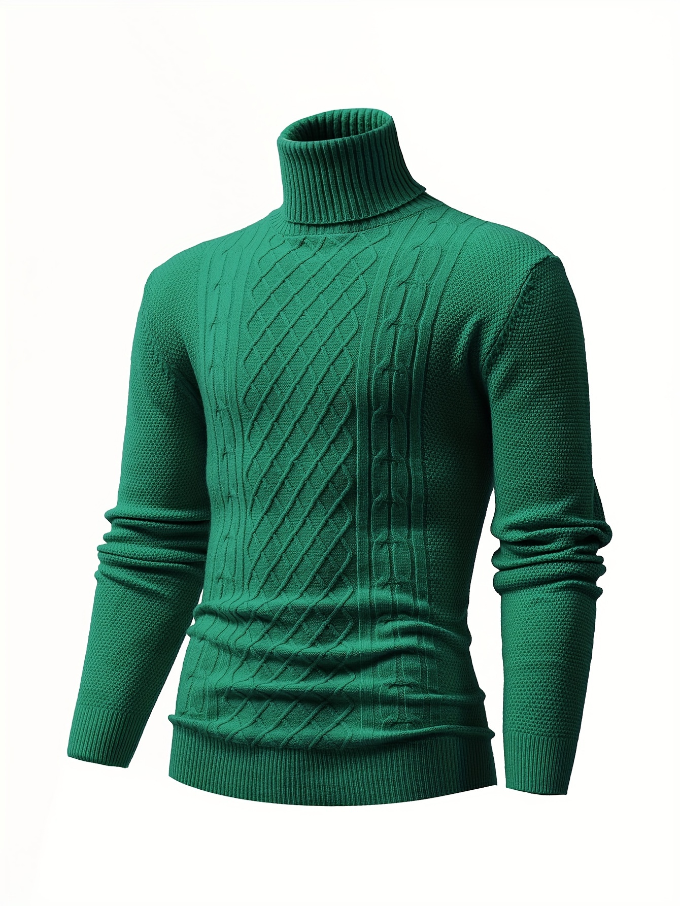 turtle neck knitted cable sweater mens casual warm solid high stretch pullover sweater for fall winter details 0