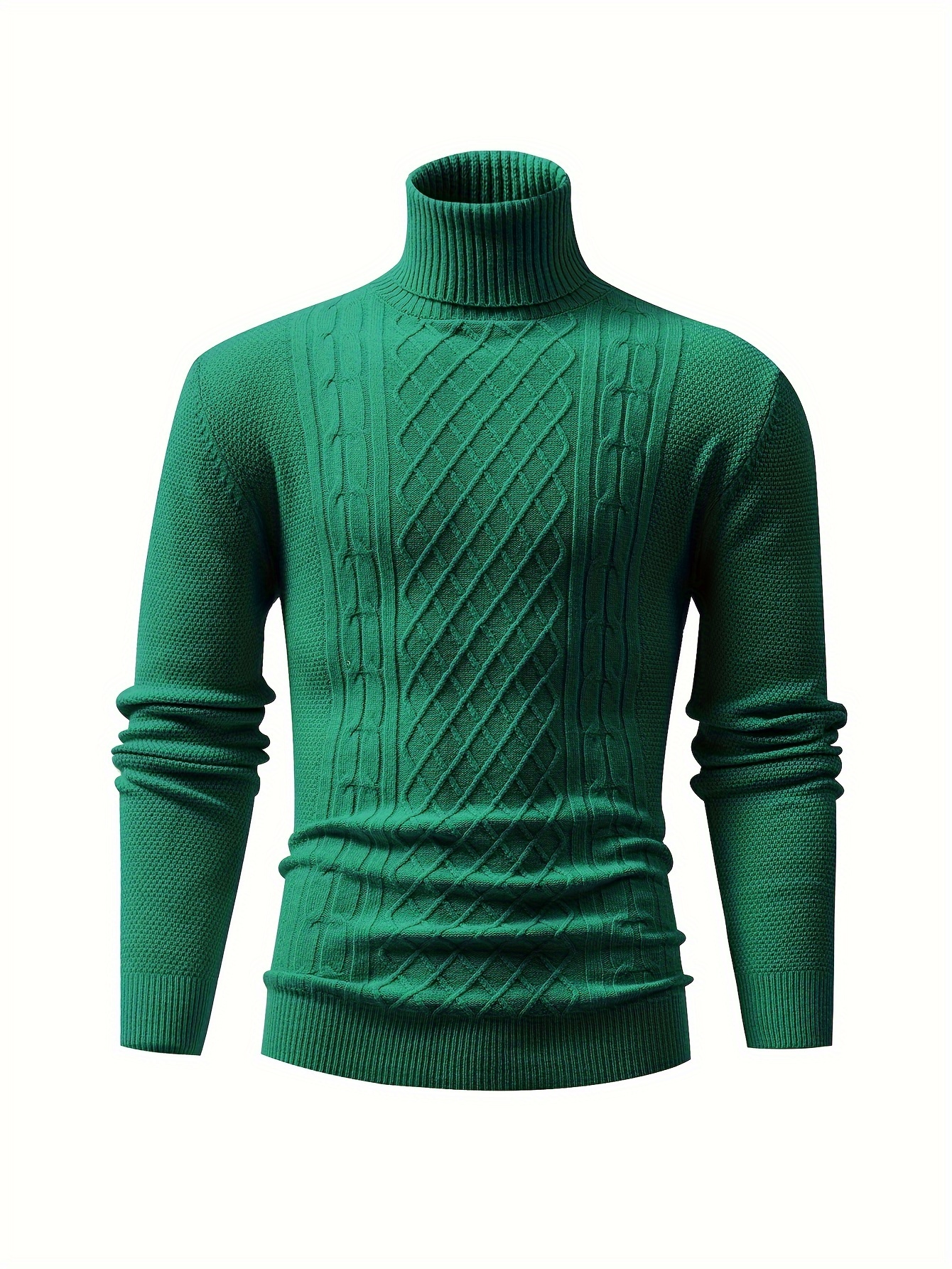 turtle neck knitted cable sweater mens casual warm solid high stretch pullover sweater for fall winter details 3