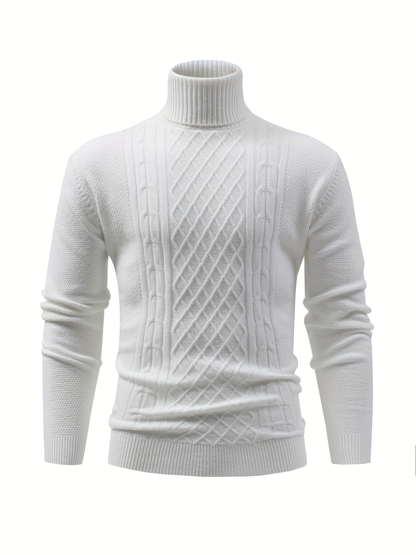 turtle neck knitted cable sweater mens casual warm solid high stretch pullover sweater for fall winter details 6