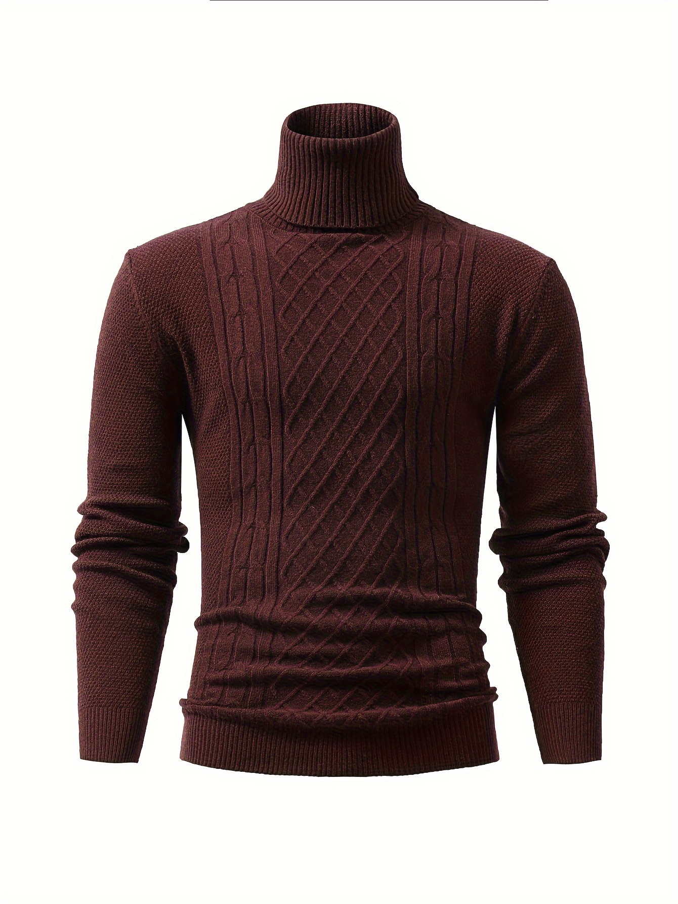 turtle neck knitted cable sweater mens casual warm solid high stretch pullover sweater for fall winter details 13