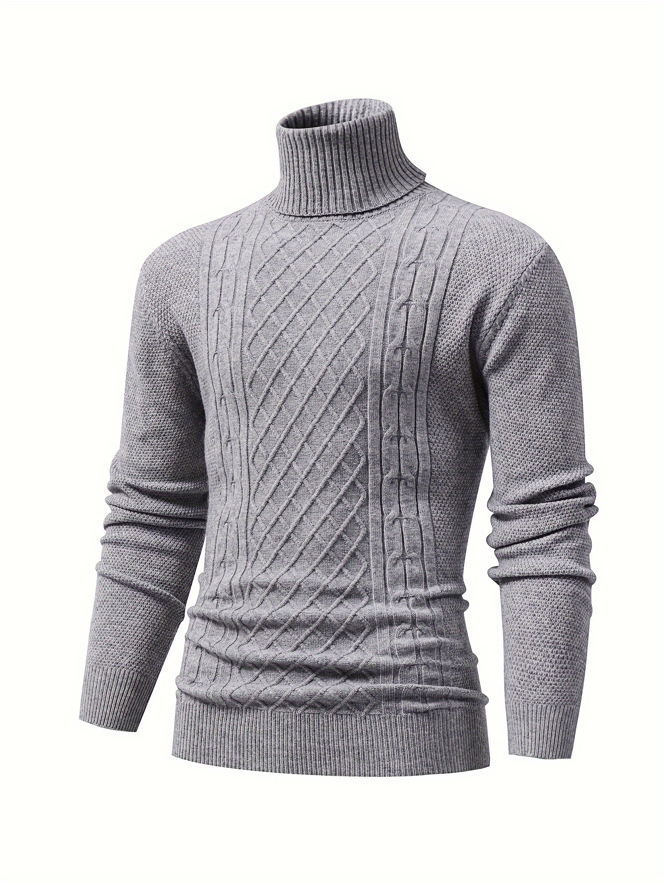 turtle neck knitted cable sweater mens casual warm solid high stretch pullover sweater for fall winter details 17