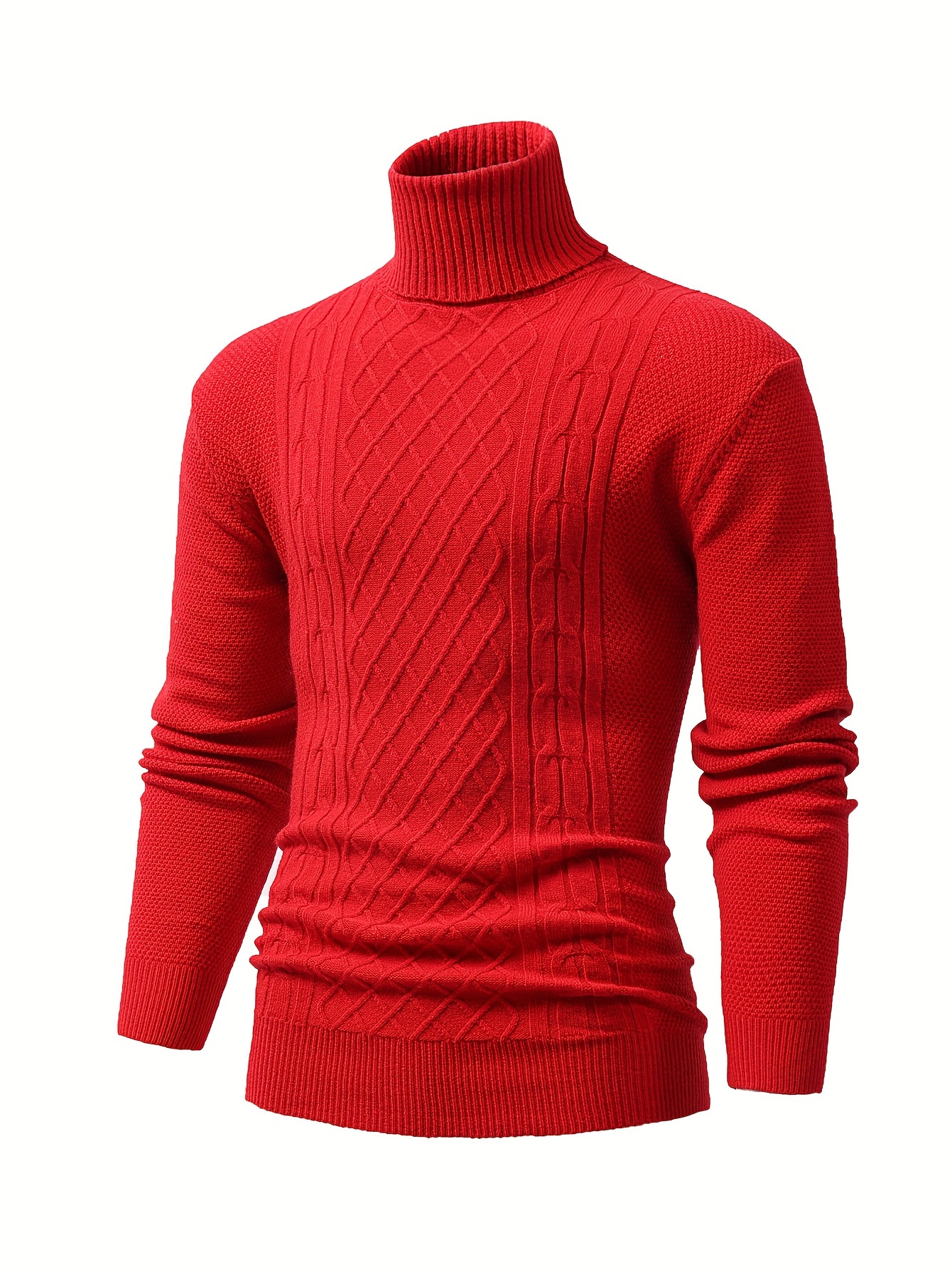 turtle neck knitted cable sweater mens casual warm solid high stretch pullover sweater for fall winter details 23