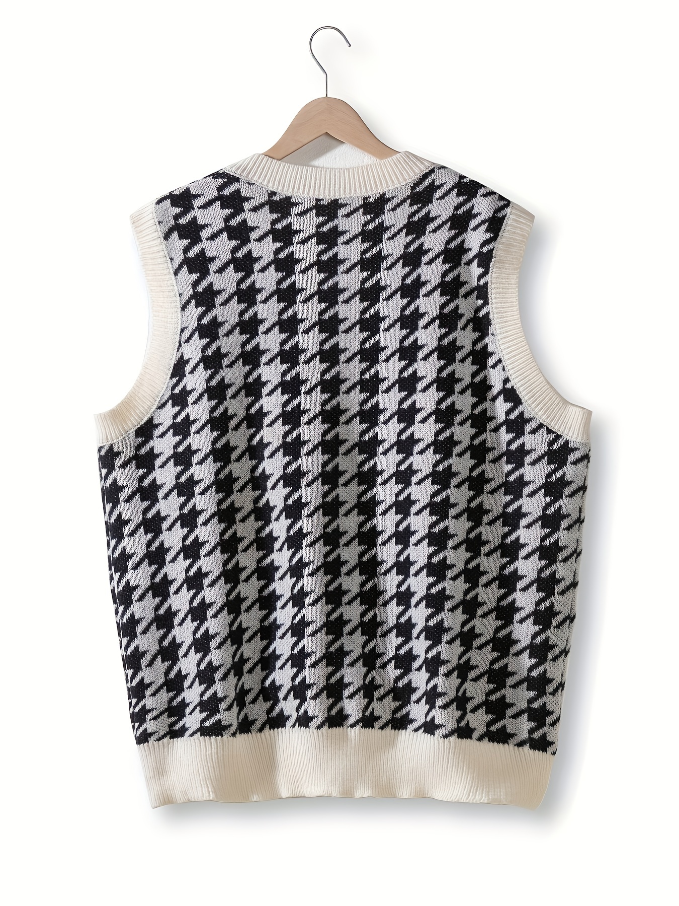 mens v neck houndstooth casual sleeveless knitted sweater vest mens clothing for autumn winter details 0