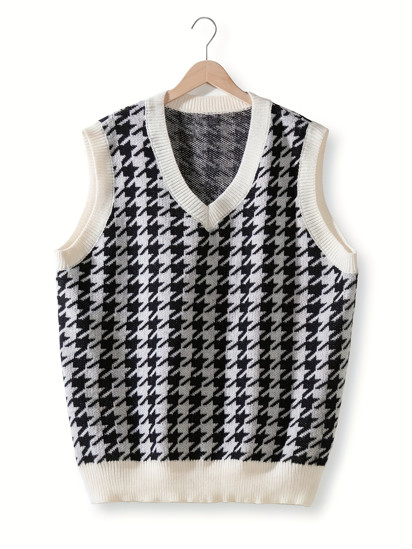 mens v neck houndstooth casual sleeveless knitted sweater vest mens clothing for autumn winter details 4