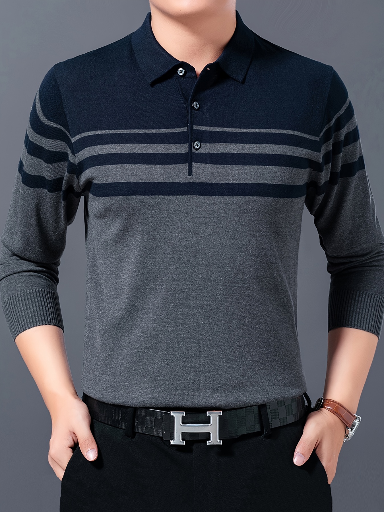 mens stylish striped sweater casual mid stretch breathable long sleeve shirt top for city walk street hanging details 0