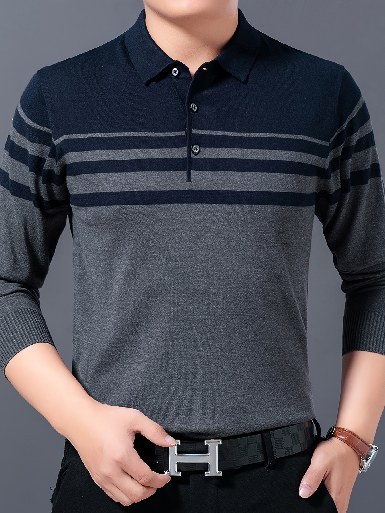 mens stylish striped sweater casual mid stretch breathable long sleeve shirt top for city walk street hanging details 1