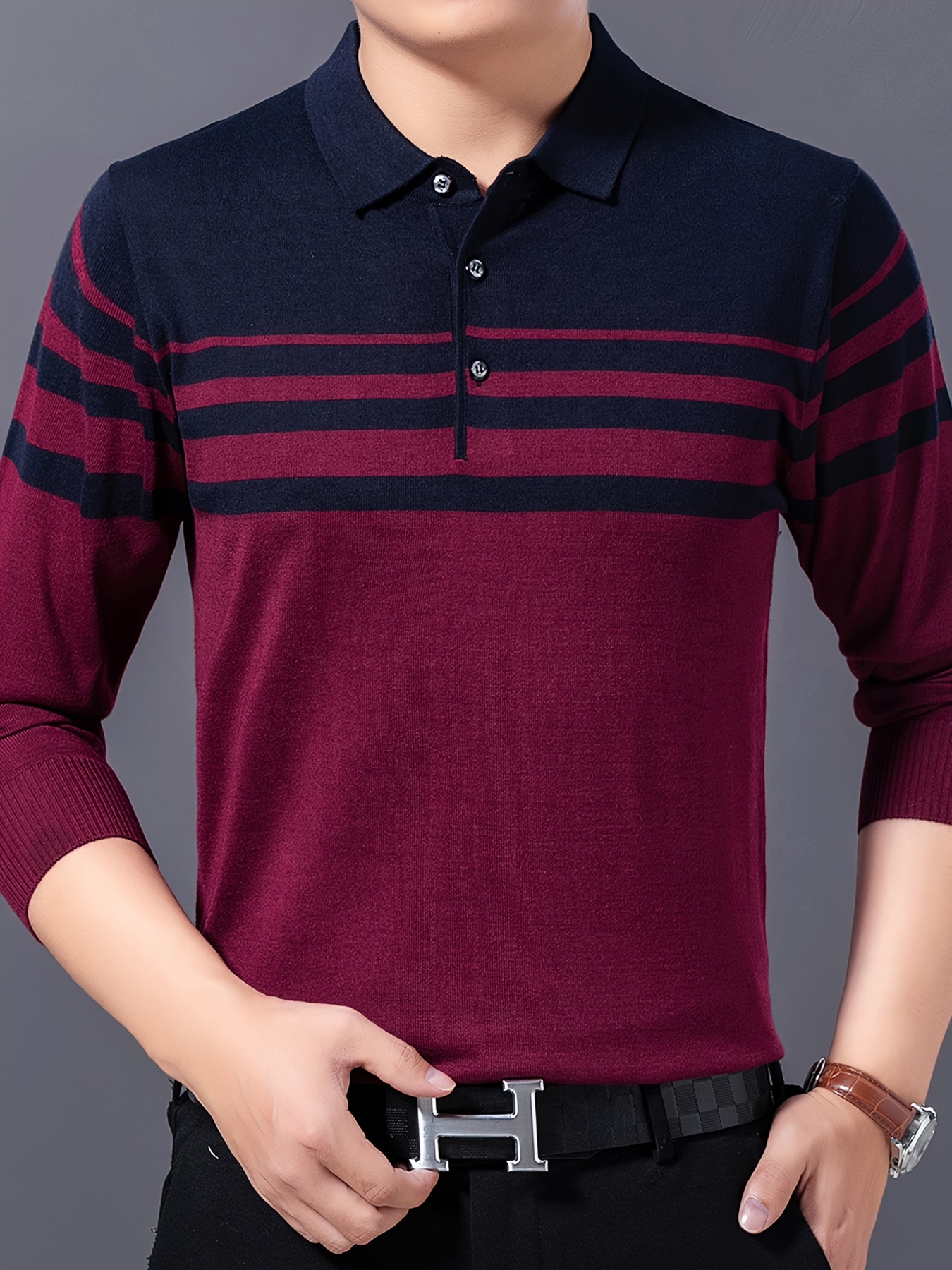 mens stylish striped sweater casual mid stretch breathable long sleeve shirt top for city walk street hanging details 7