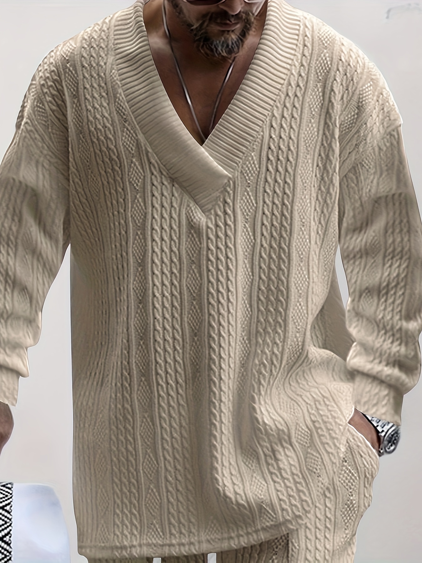 cotton blend loose all match knitted cable sweater mens casual warm slightly stretch v neck pullover sweater for men fall winter details 1